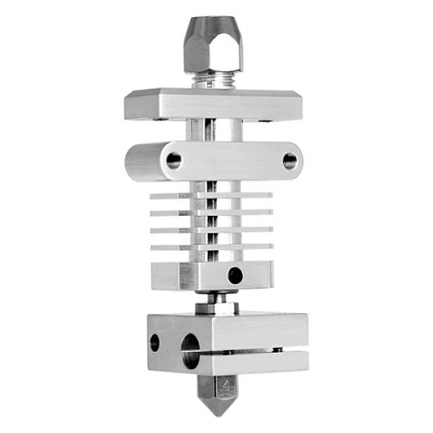 Composant de hotend d'imprimante 3D métallique avec ailettes de refroidissement et buse, principalement en matériau argenté, pour l'extrusion précise de filament.