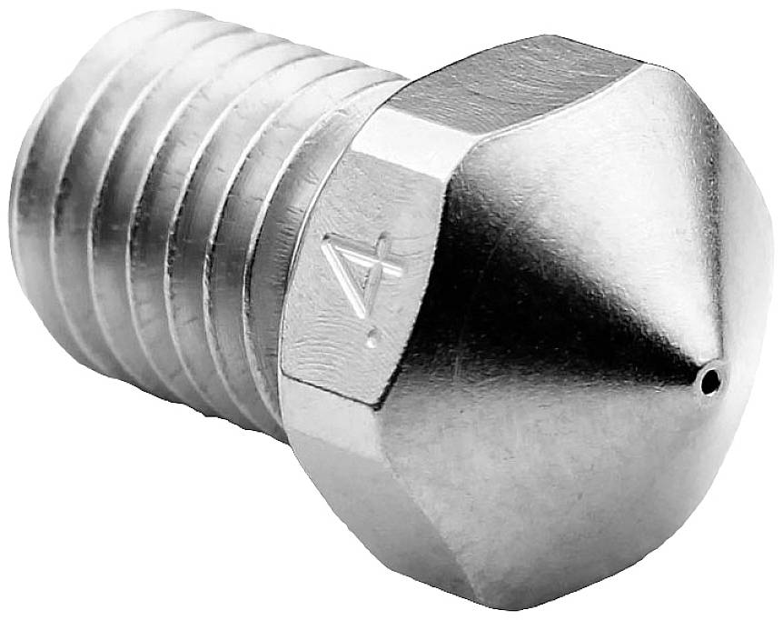 Tête d'impression à jet métallique avec pointe conique et filetage. Marquage 'A' gravé. Utilisée pour imprimantes 3D.