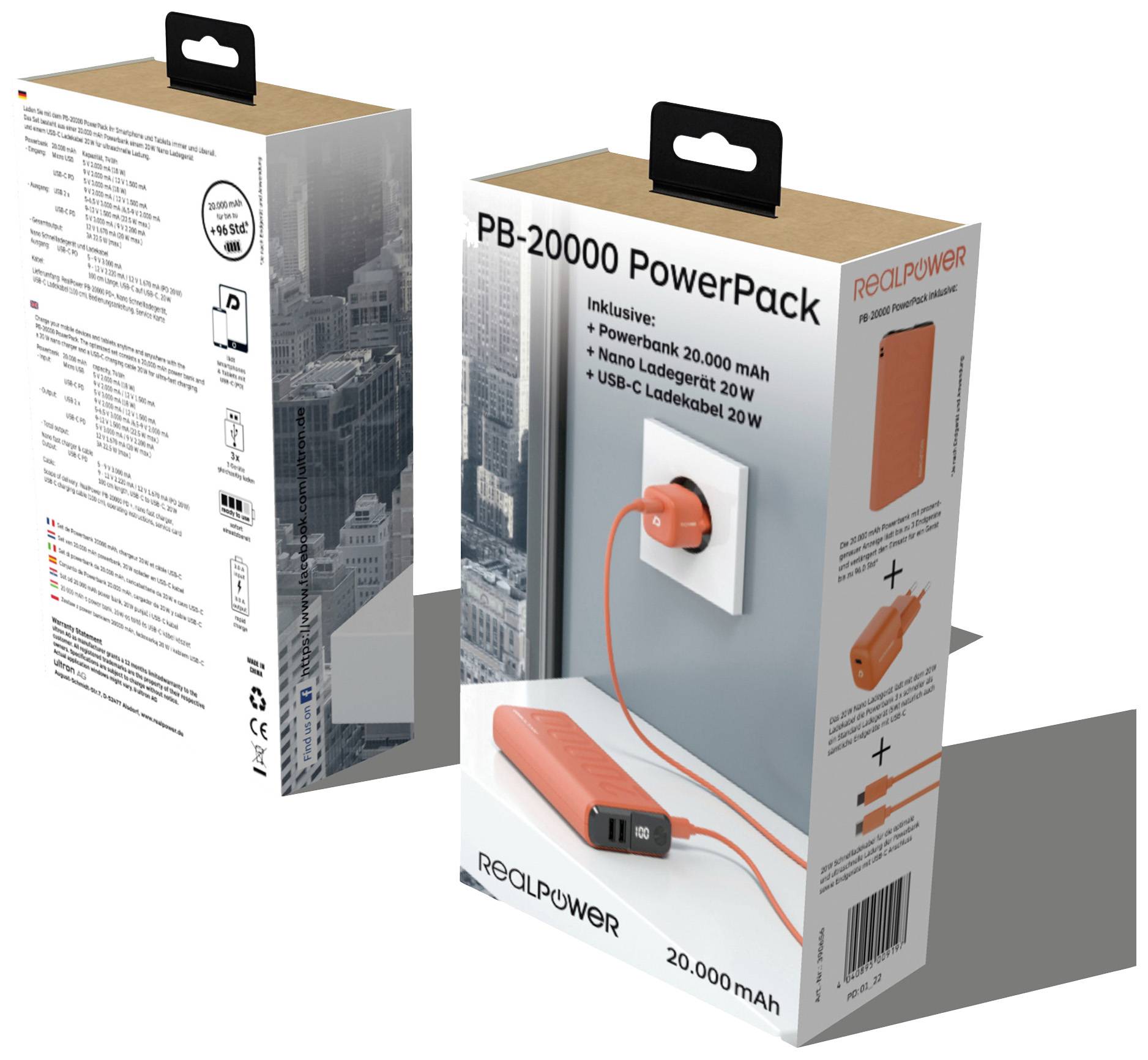 RealPower PB-20000 Power Pack Powerbank (batterie supplémentaire) 20000 mAh Li-Ion USB, USB-C® orange
