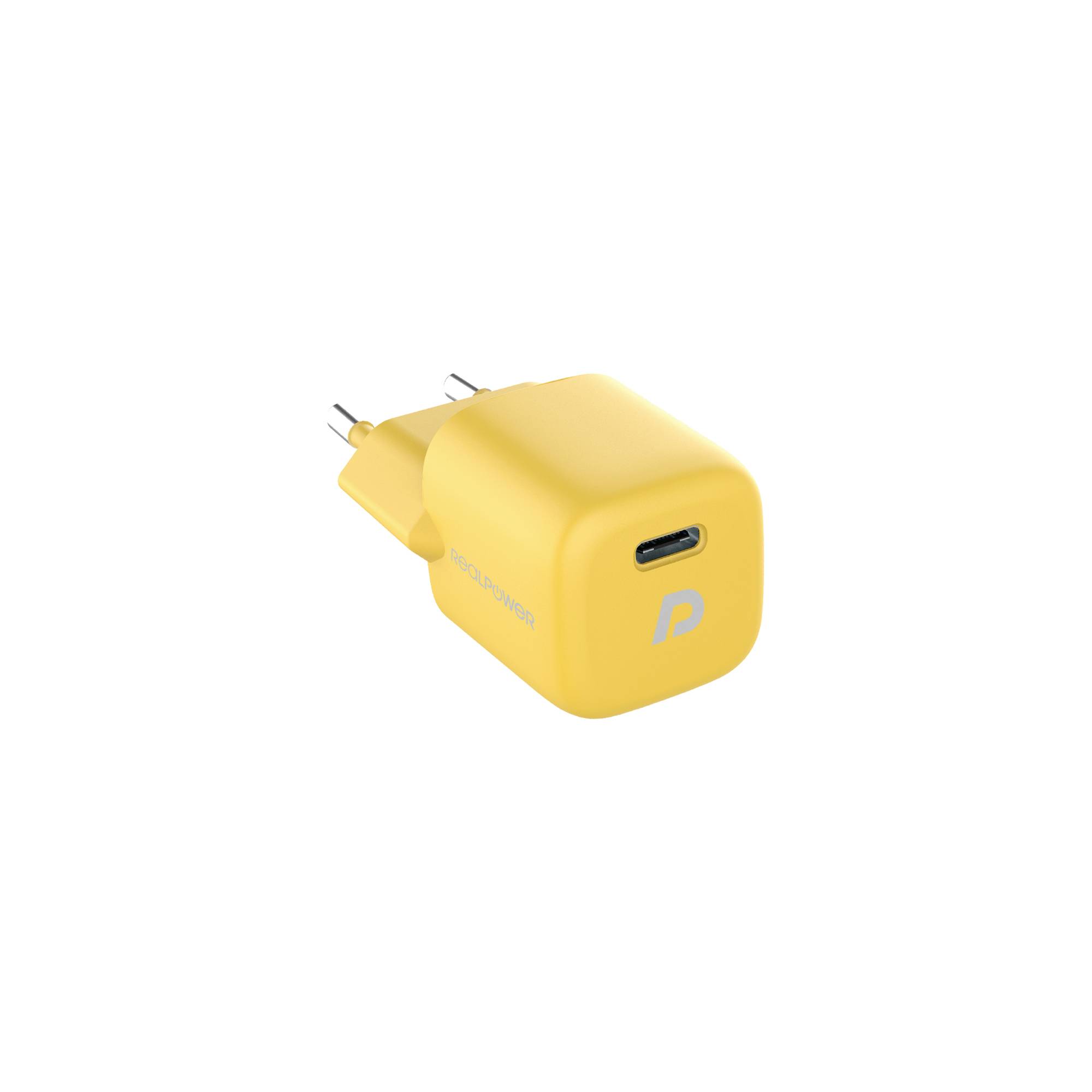 Chargeur jaune avec port USB-C. Compact et portable, adapté pour charger divers appareils.