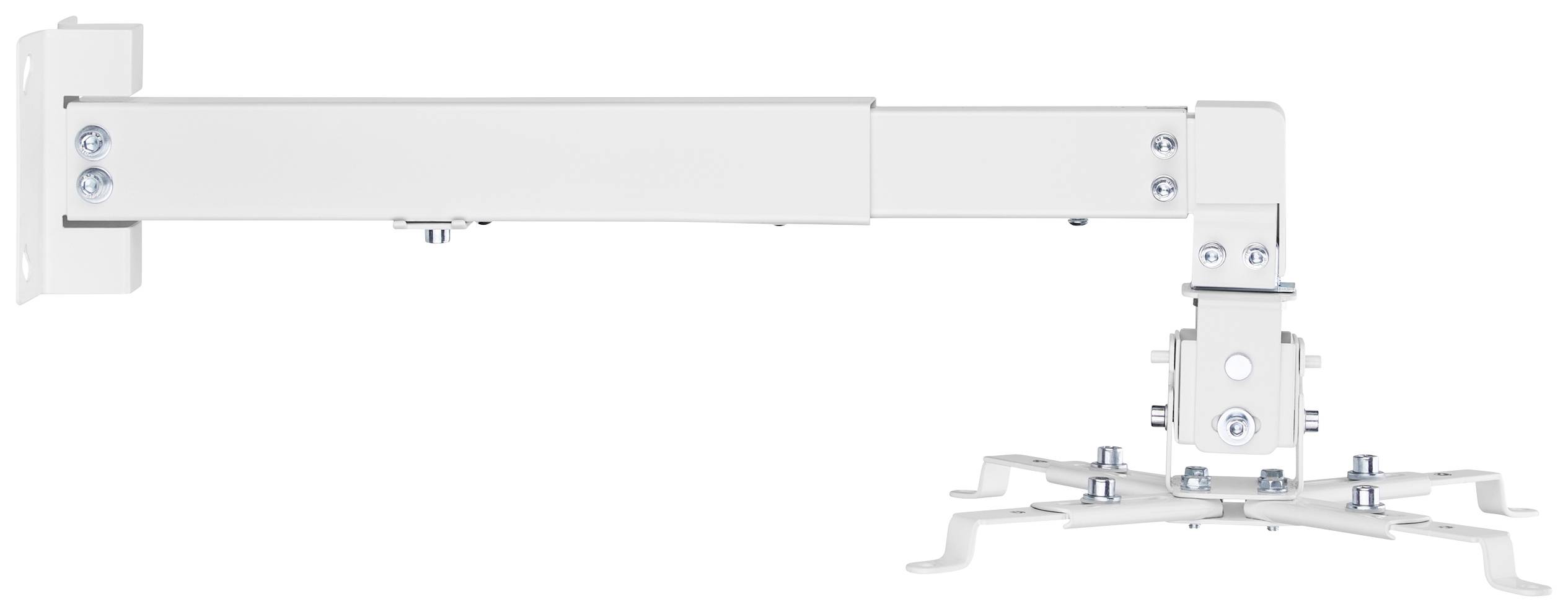 Un bras de montage blanc extensible et support de projecteur fixé au mur, ajustable pour différentes orientations et hauteurs.