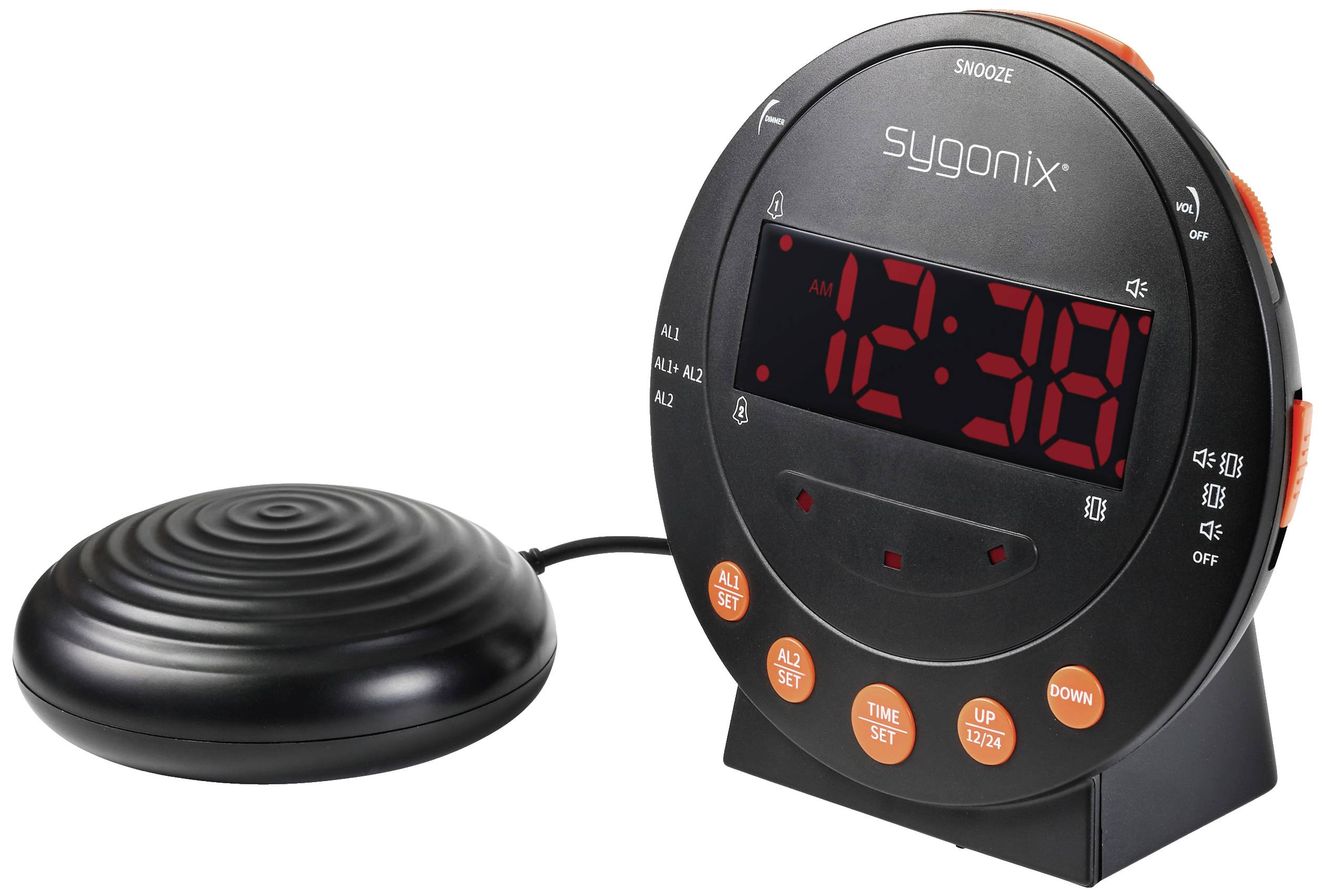 Réveil numérique avec grands chiffres rouges LED, plusieurs fonctions d'alarme et un coussin de vibration connecté pour un réveil par vibration.