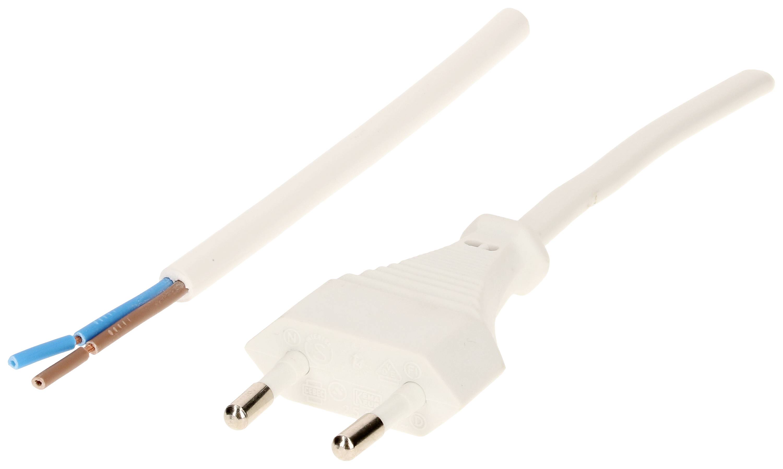 Une fiche européenne blanche avec deux extrémités de câble nues, bleue et marron, montre une connexion électrique incomplète.