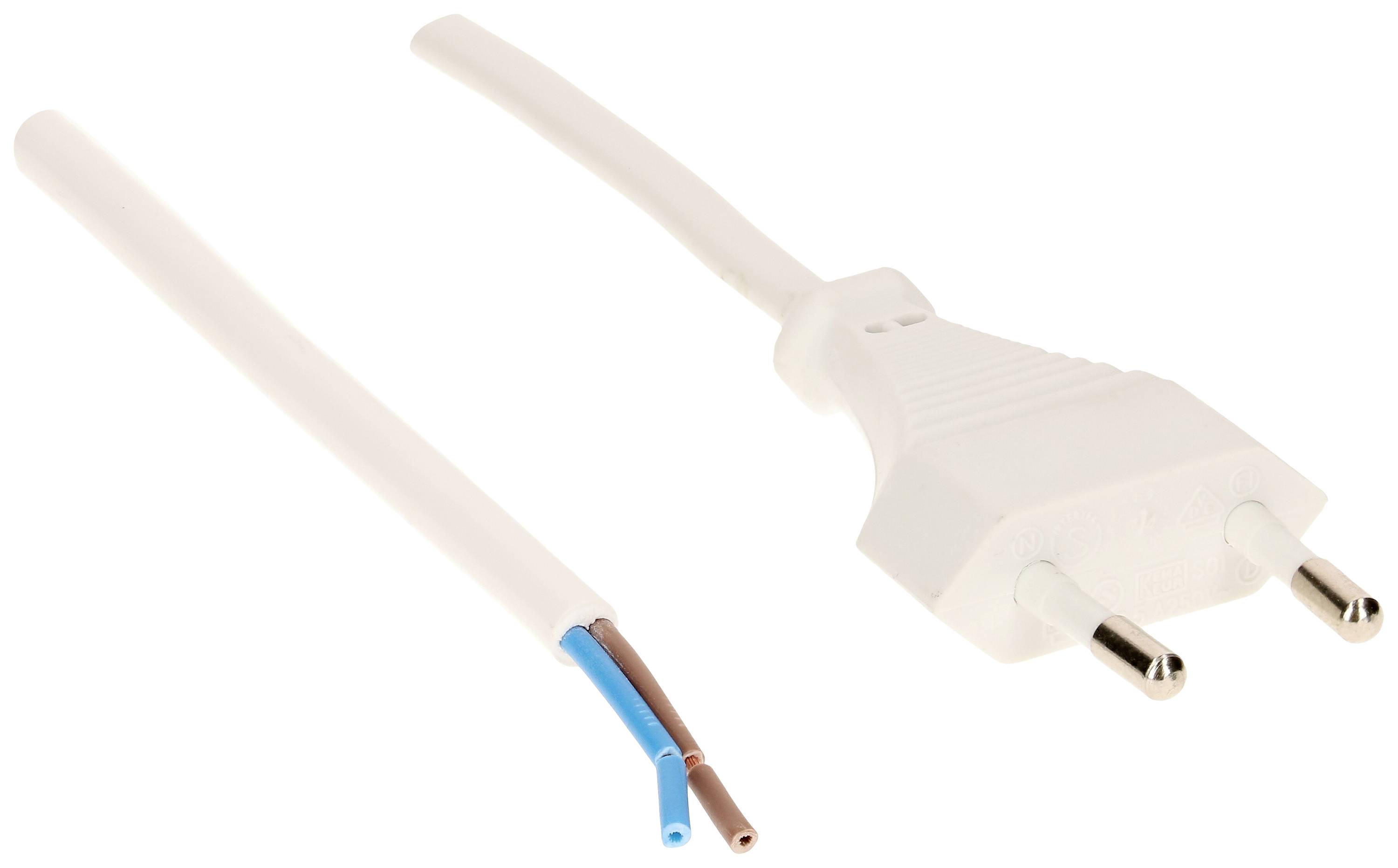 Fiche électrique blanche débranchée avec câble et fils bleus et bruns apparents, adaptée aux installations électriques.