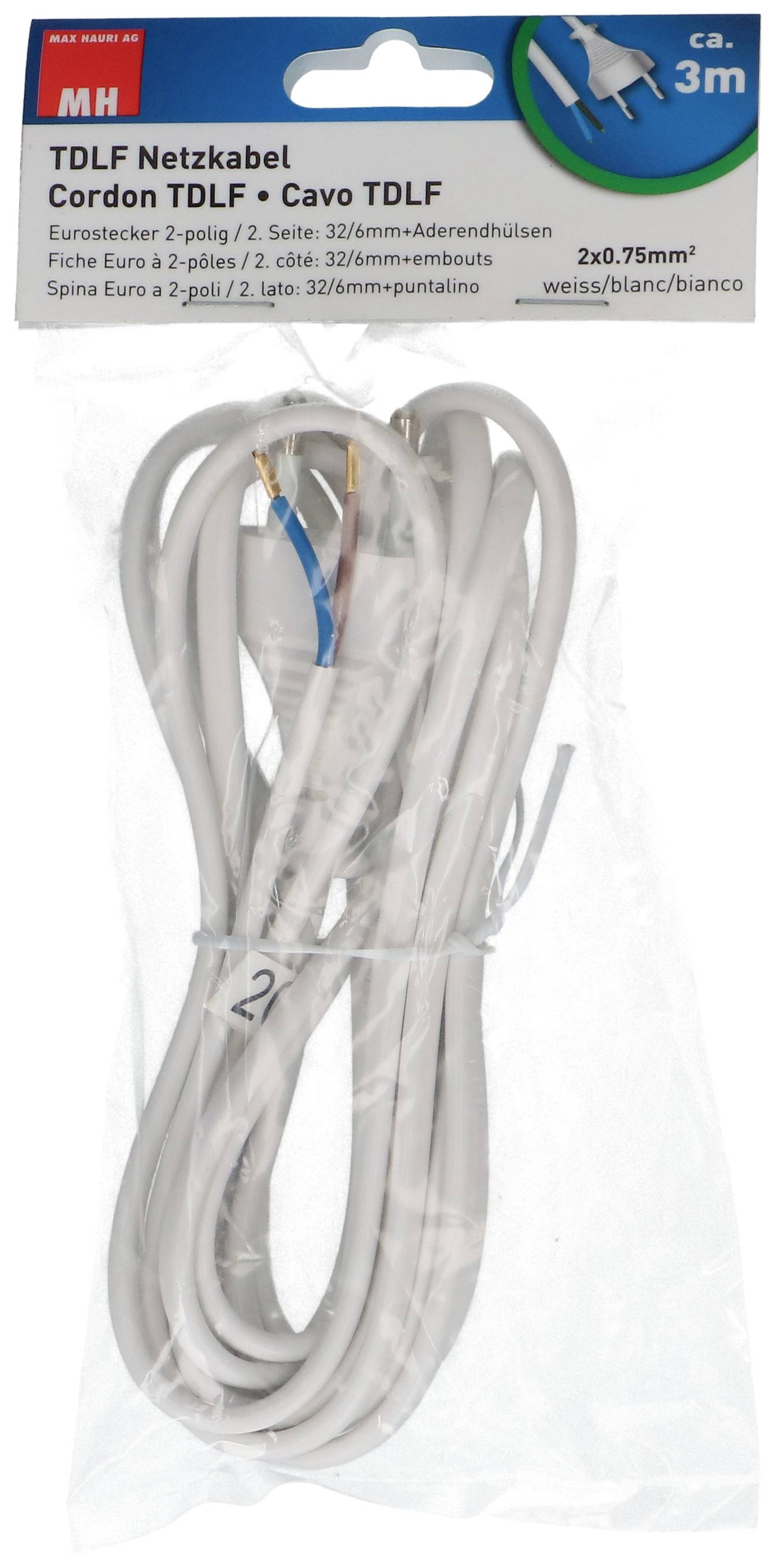 Câble d'alimentation TDLF emballé, 3 mètres, fiche Euro 2 broches, 2x0,75mm², en blanc.