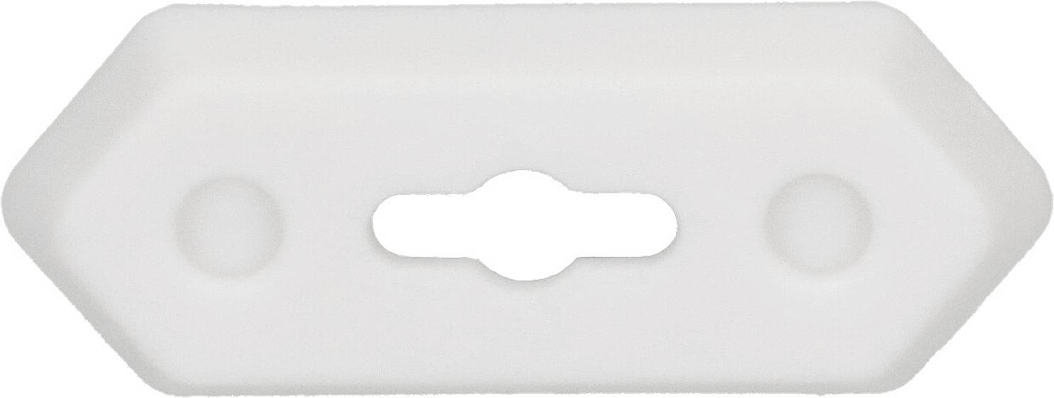 Plaque en plastique blanc, hexagonale, avec une fente horizontale centrale et deux trous ronds de chaque côté.