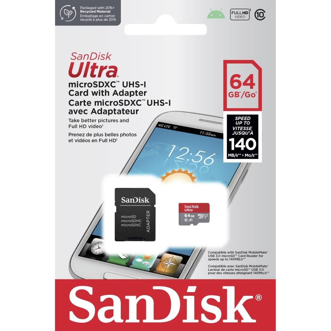 SanDisk microSDXC Ultra 64GB (A1/UHS-I/Cl.10/140MB/s) + Adapter "Mobile" Carte microSDXC 64 GB A1 Application Performance Class