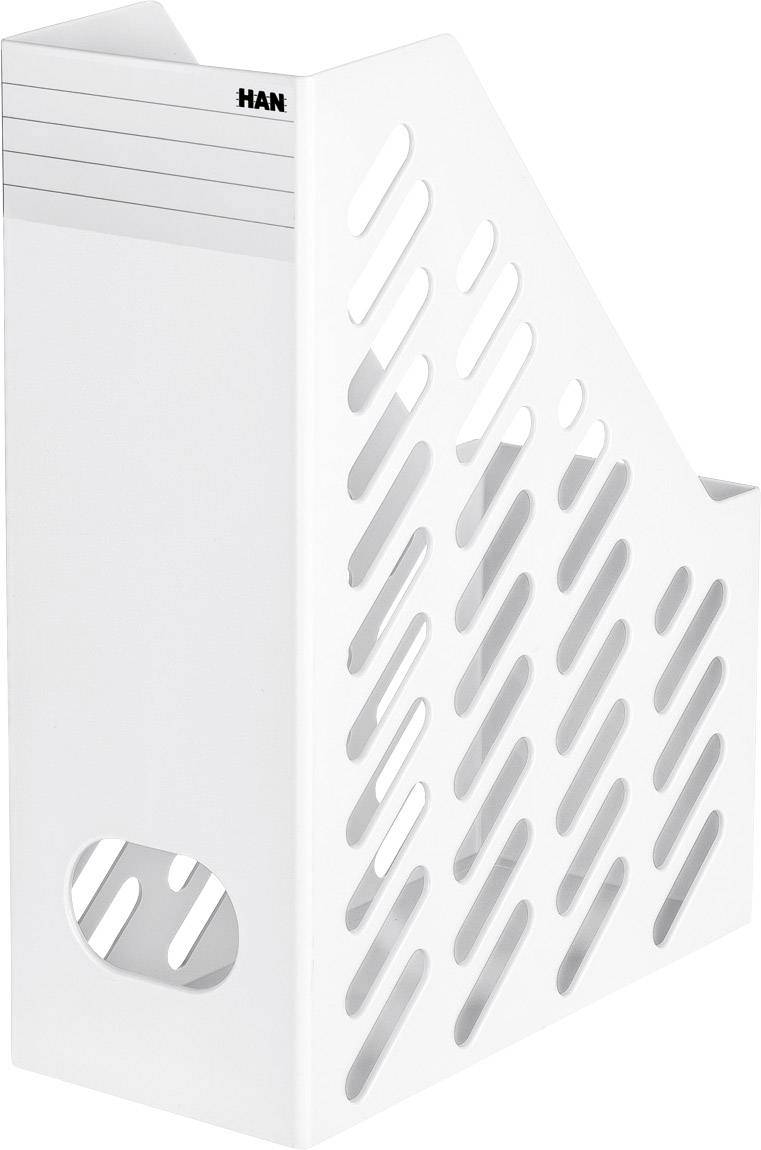 Un support de magazines en plastique blanc, incliné, doté de fentes latérales et d'une surface supérieure personnalisable.