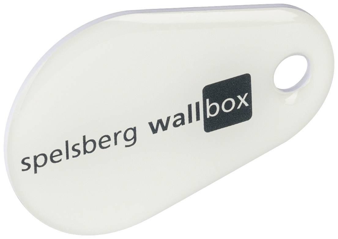 Porte-clés avec l'inscription 'spelsberg wallbox' en noir sur fond blanc.