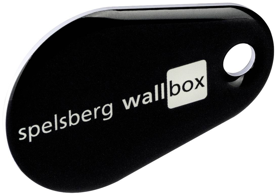 Porte-clés de forme ovale noir avec l'inscription 'spelsberg wallbox' en blanc, à côté d'un trou sur le bord droit.