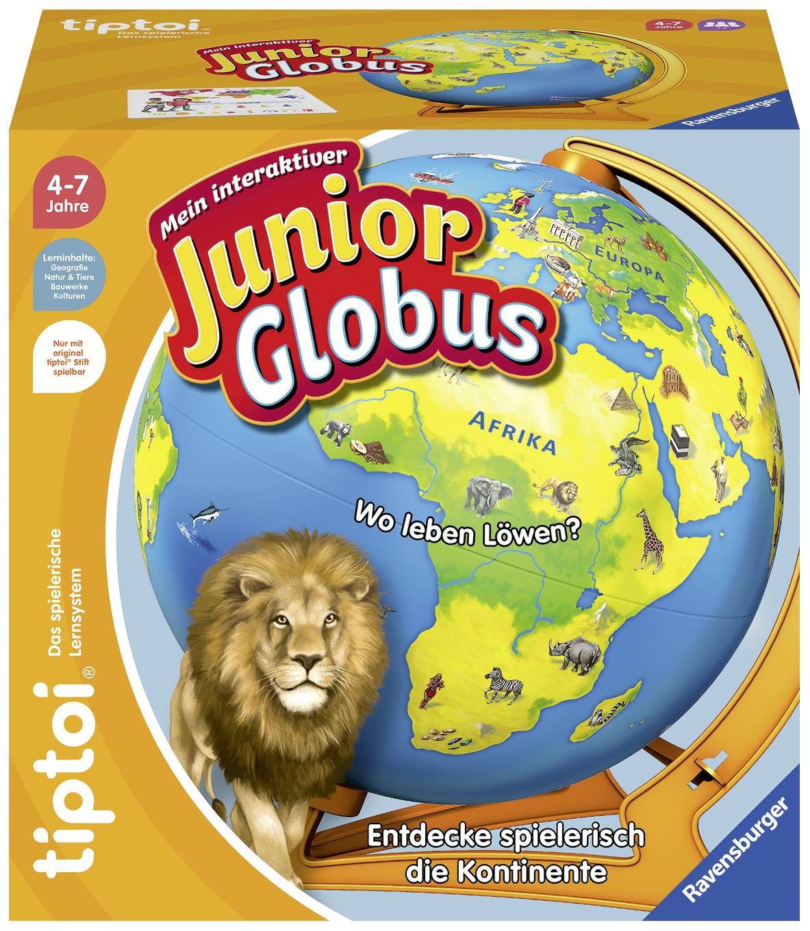 Un globe interactif junior pour enfants de 4 à 7 ans, présentant une carte du monde avec des animaux. L'inscription demande : « Où vivent les lions ? ». Comprend les continents.