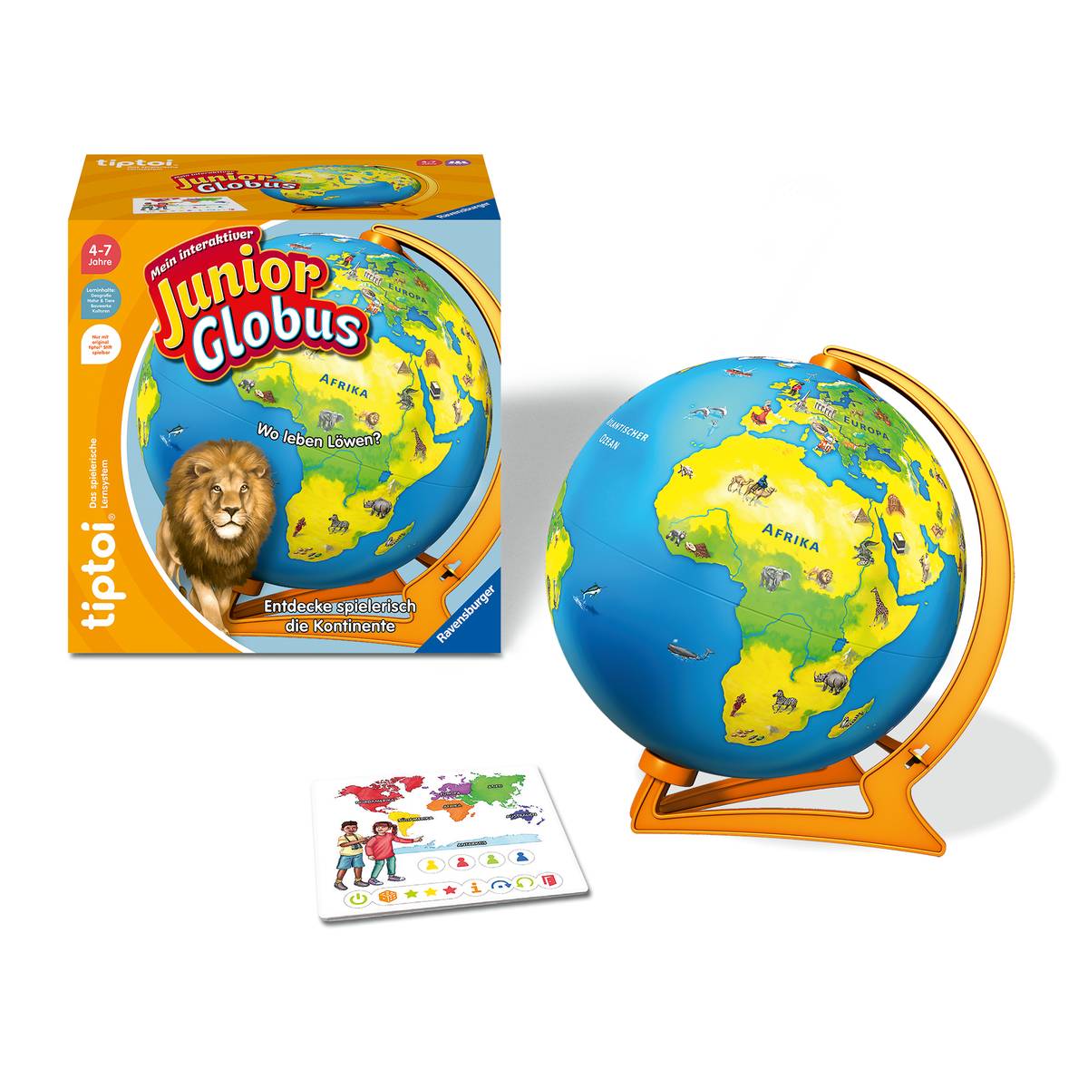 Un globe junior avec un socle orange montre les continents. À côté, son emballage présente un lion et une carte des continents.