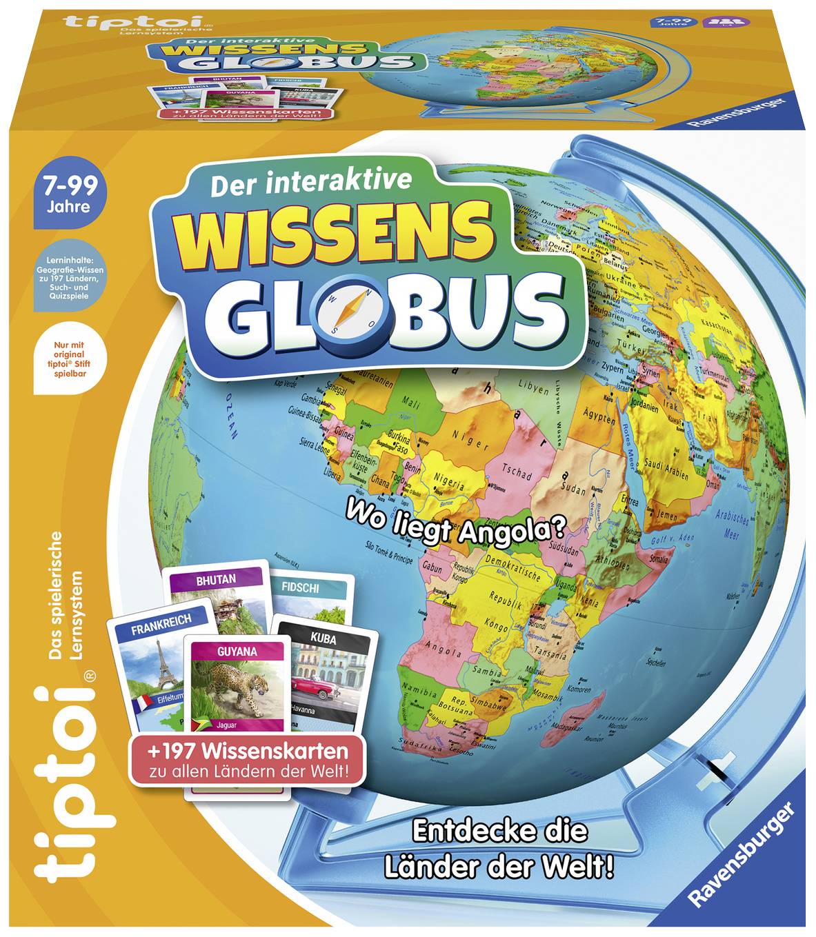 Emballage d'un globe interactif de connaissances de Ravensburger pour enfants à partir de 7 ans. Avec 197 cartes de connaissances, présentant notamment des cartes du monde.