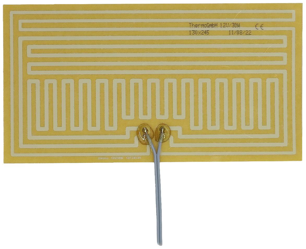 Un élément chauffant rectangulaire avec des fils chauffants entrelacés, relié par deux câbles bleus. Des marques en haut à droite.