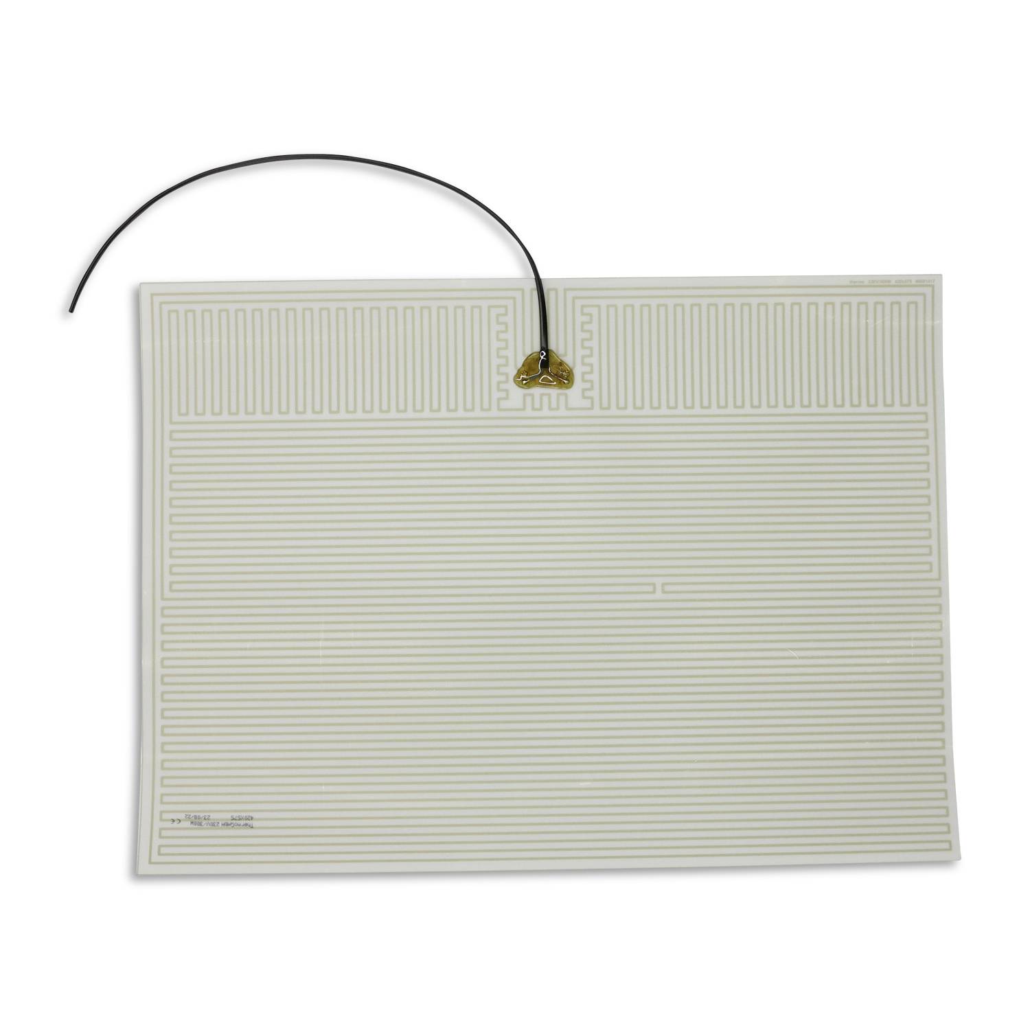 Film chauffant plat, rectangulaire, avec un motif de câblage fin et ondulé, et un câble connecté sur un côté, destiné au chauffage.