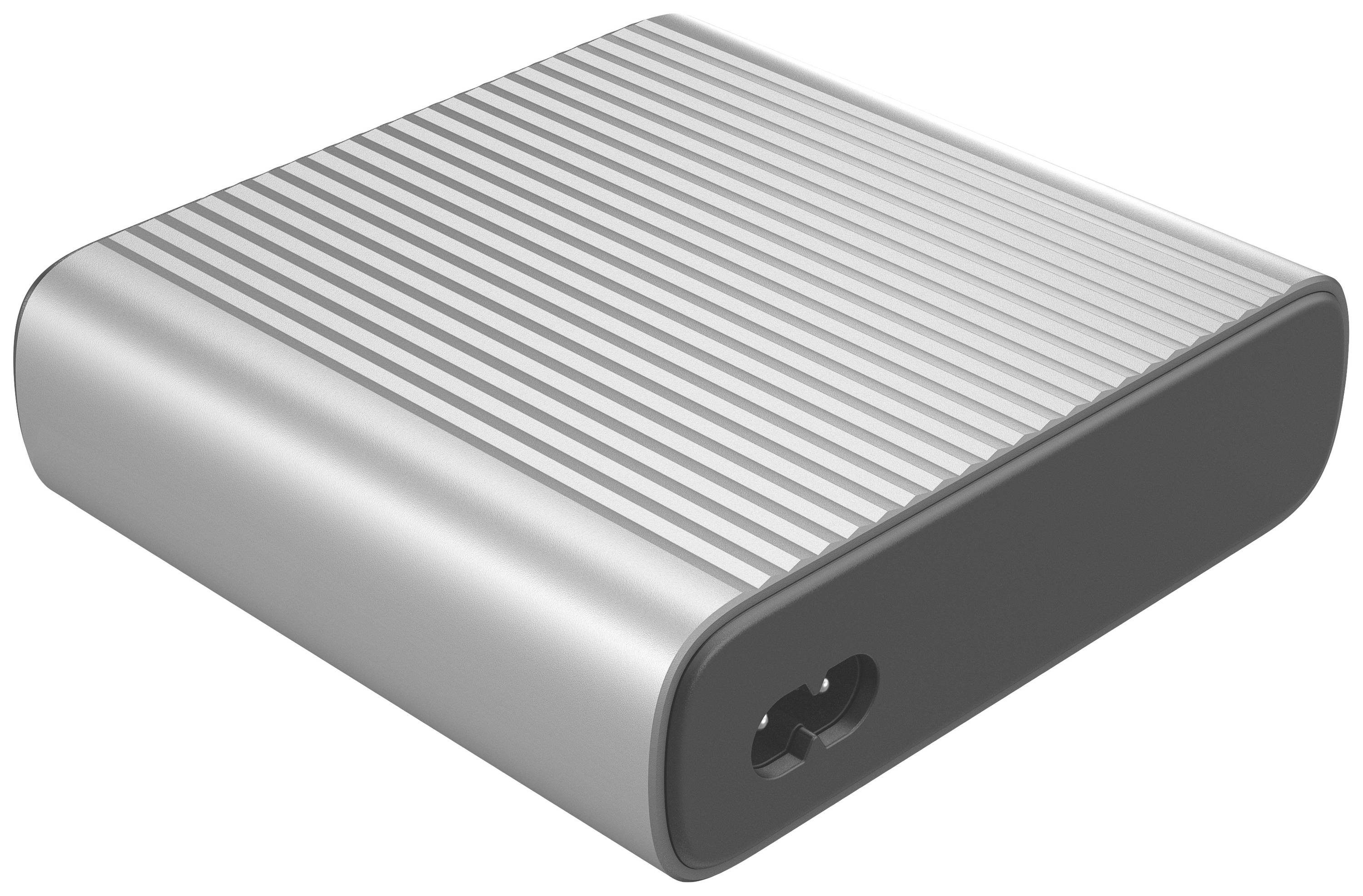 Disque dur externe argenté à surface rayée, compact et rectangulaire, avec un port USB sur le côté.