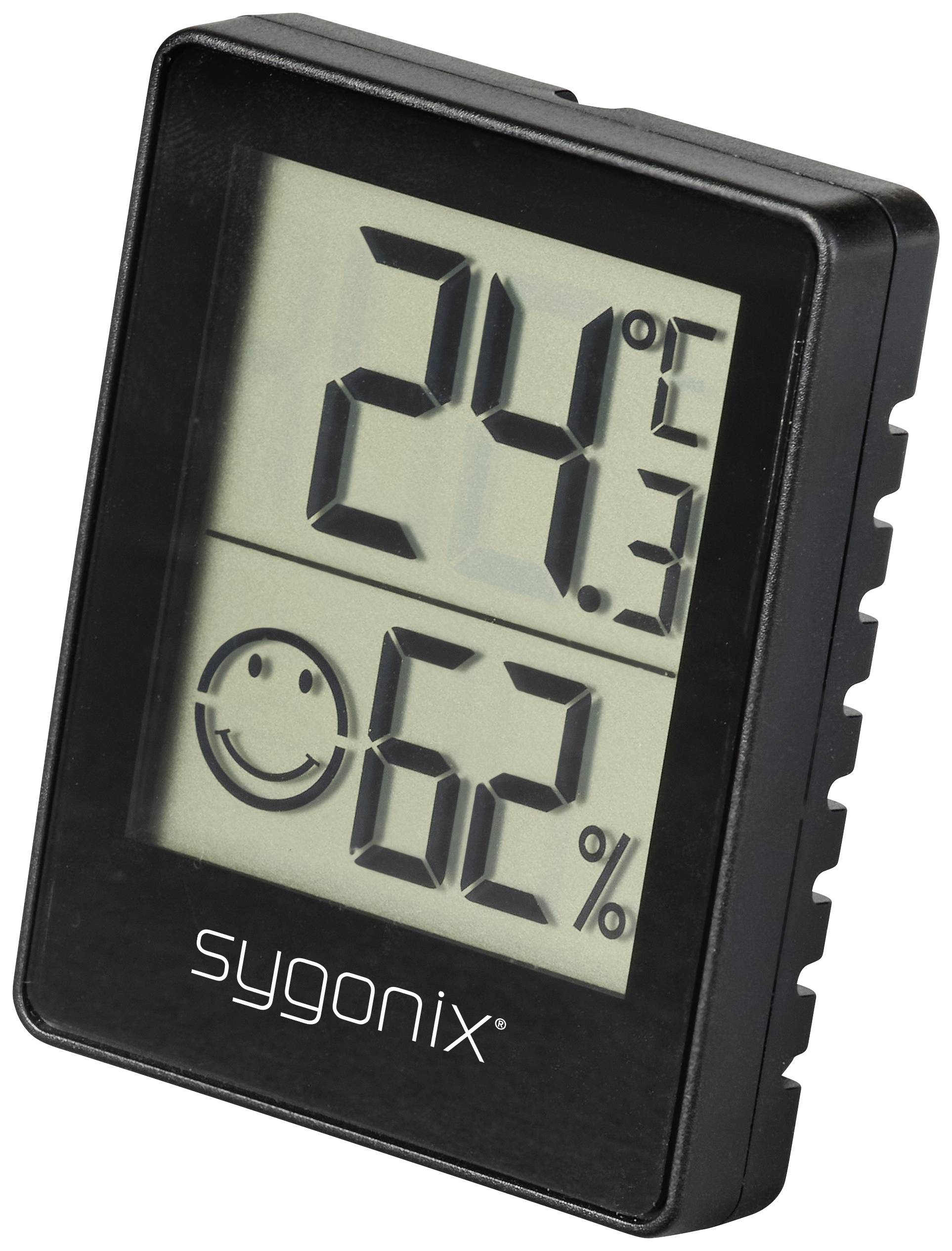 Thermomètre et hygromètre numériques affichant '24,3°C' et '62%'. Nom de marque 'sygonix' en bas de l'appareil.