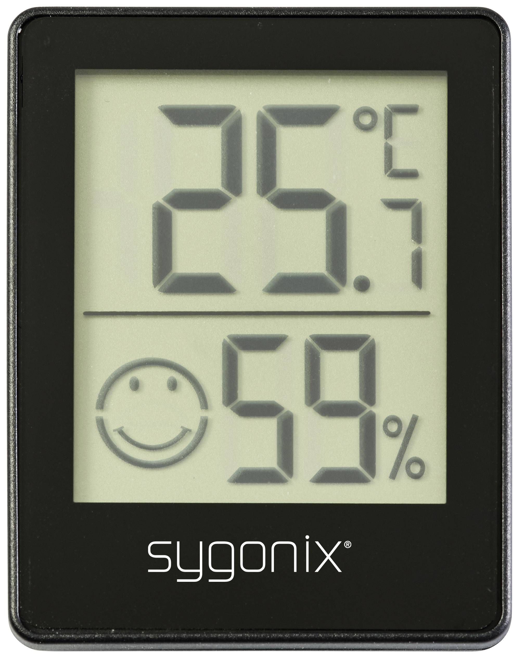 Thermomètre numérique affiche '25,7°C' et hygromètre indique '59%' avec un symbole de visage souriant en dessous.