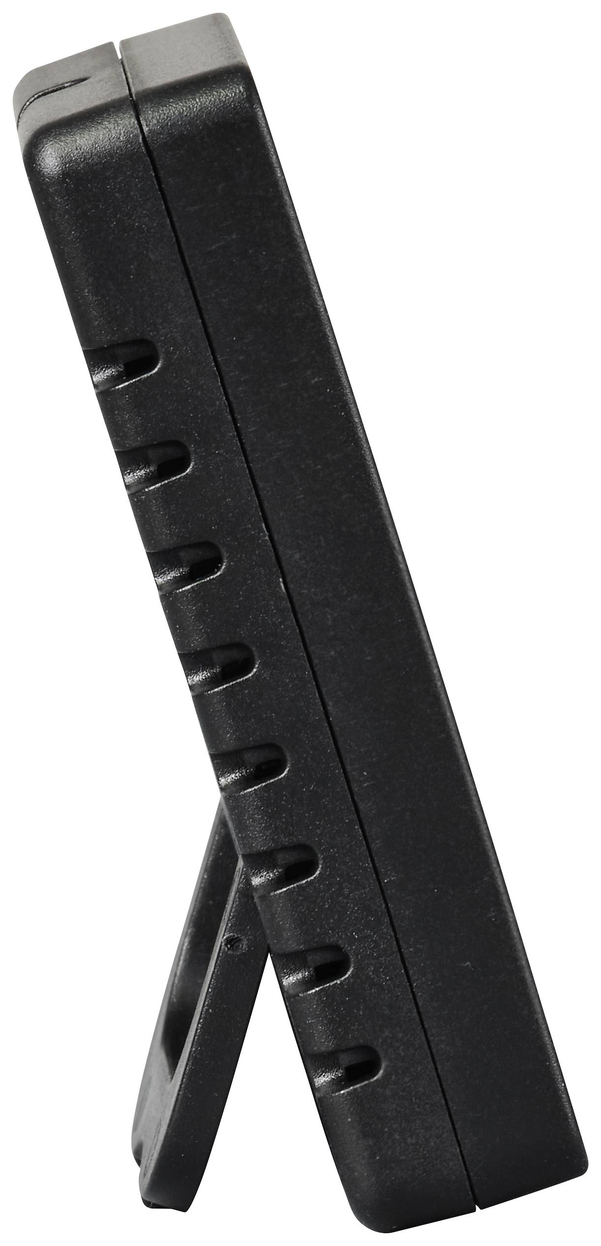 Un hygromètre numérique noir avec un support de pied dressé, vue latérale. L'appareil mesure la température et l'humidité de l'air.