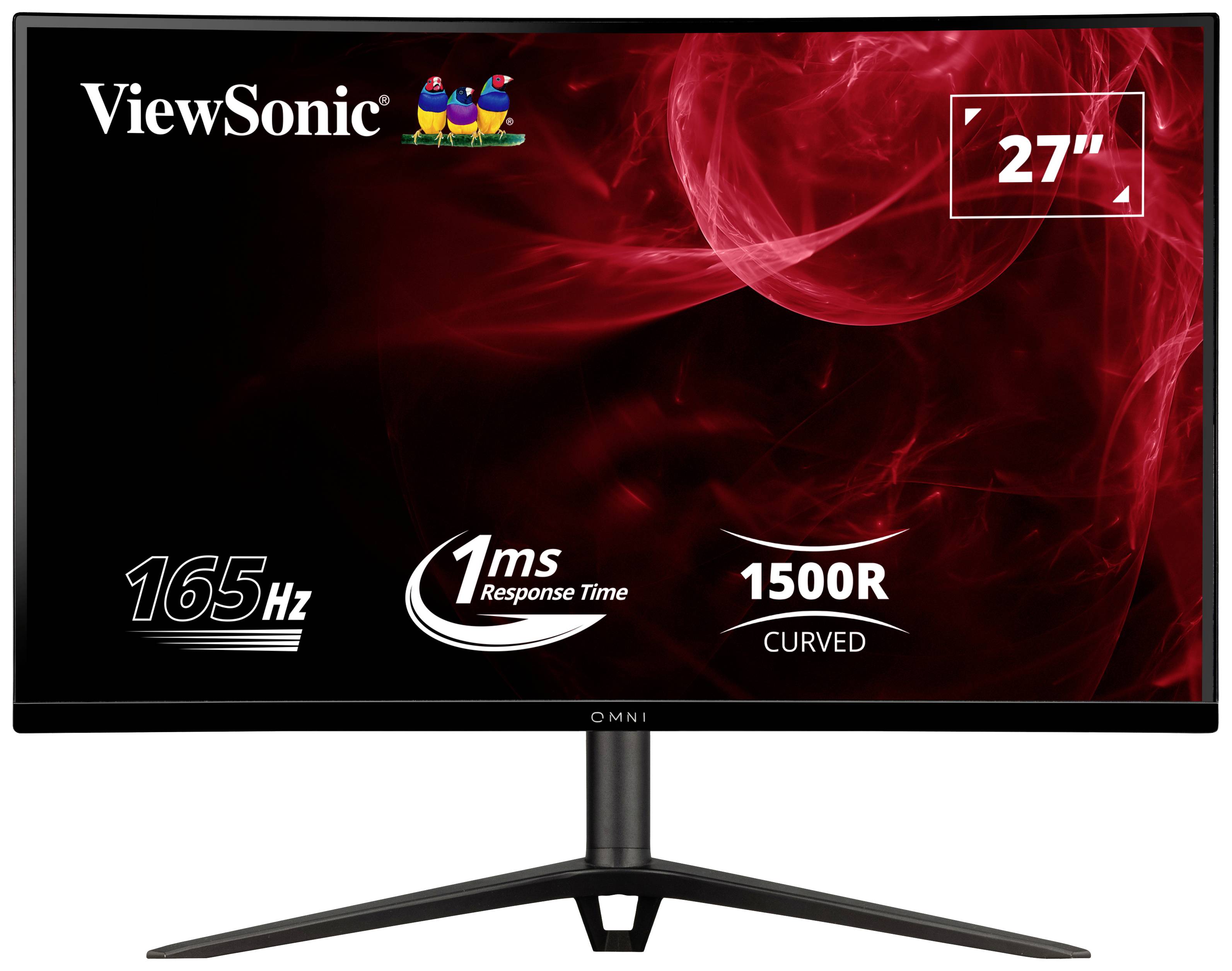 Un moniteur ViewSonic de 27 pouces avec un taux de rafraîchissement de 165 Hz, un temps de réponse de 1 ms et un écran incurvé 1500R en design noir.