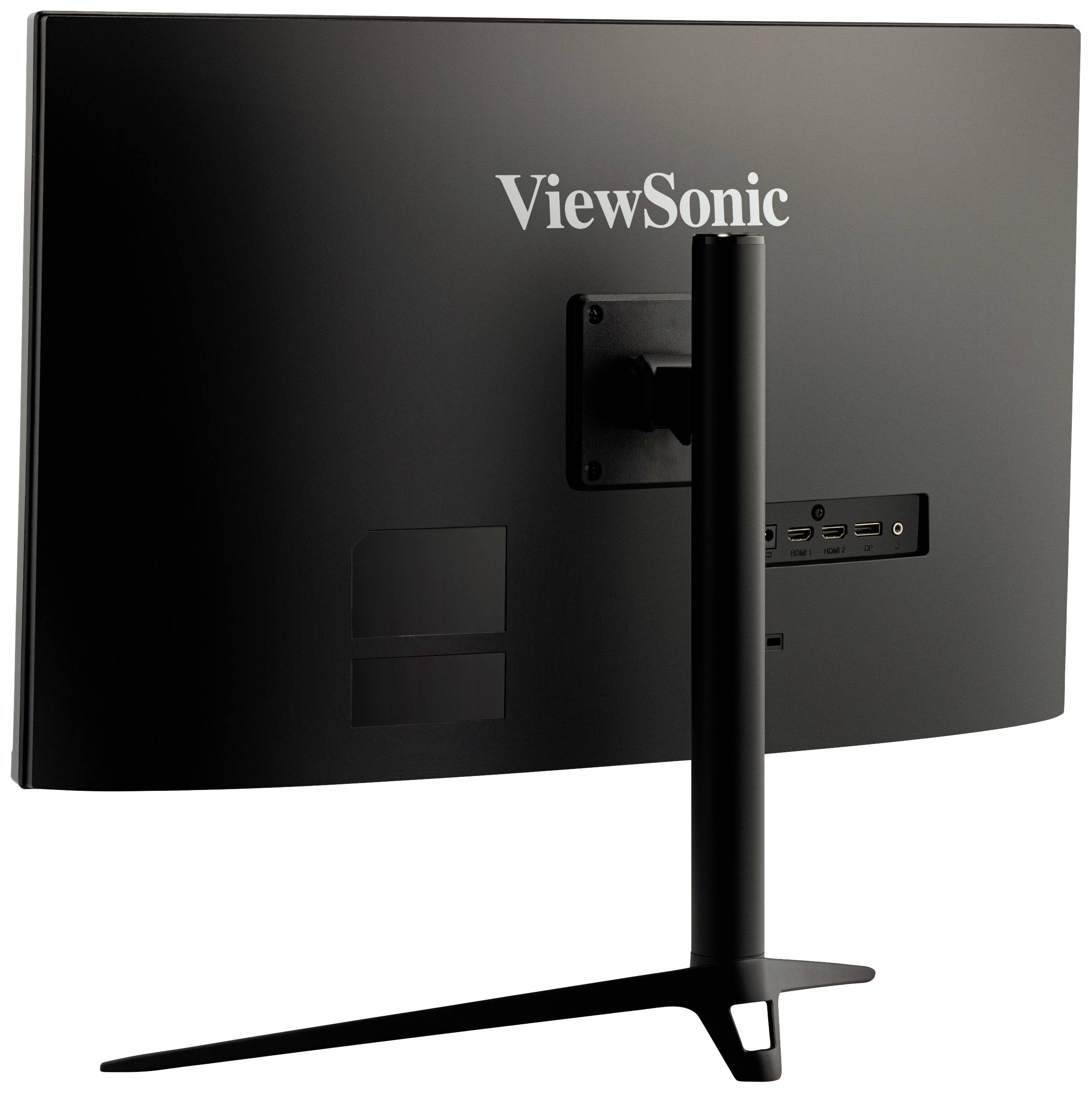 Un moniteur noir de la marque ViewSonic, monté sur un socle, montre ses connexions à l'arrière.