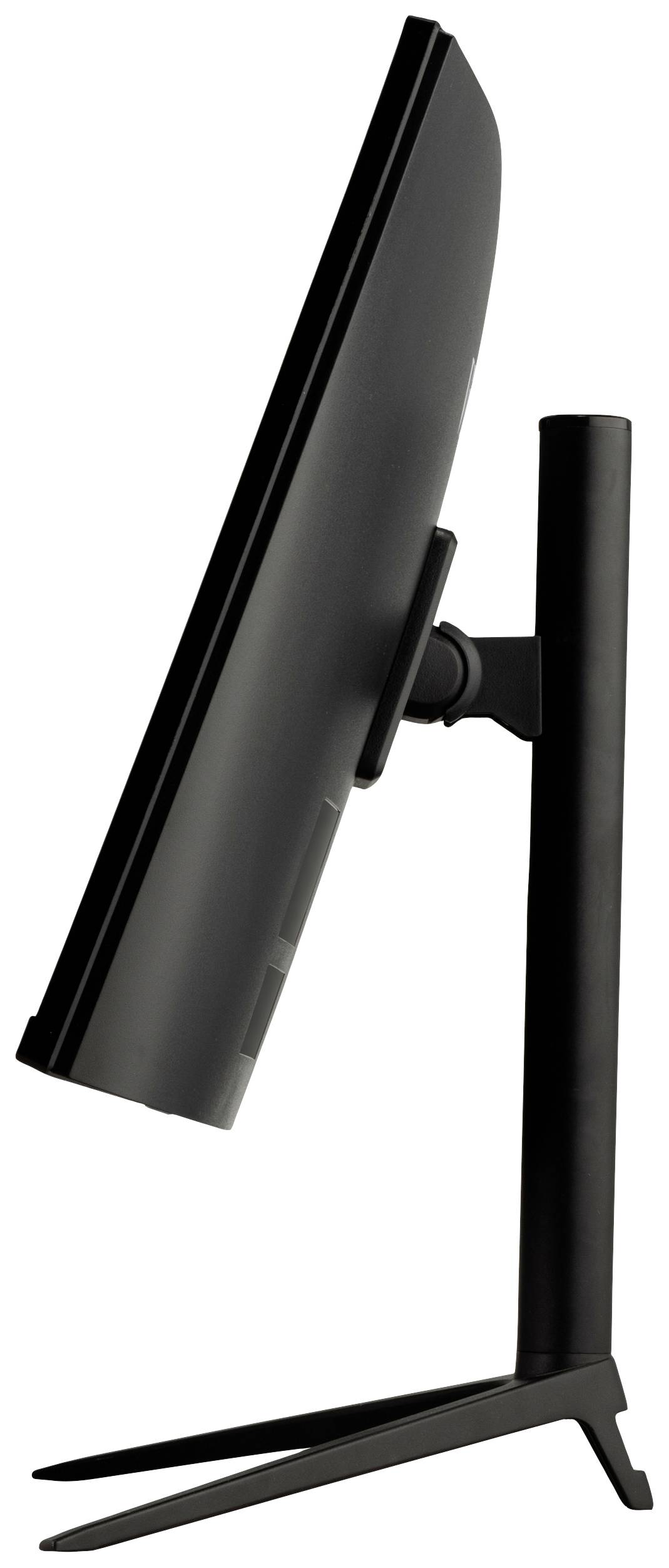Vue latérale d'un moniteur noir et élancé sur un support stable.