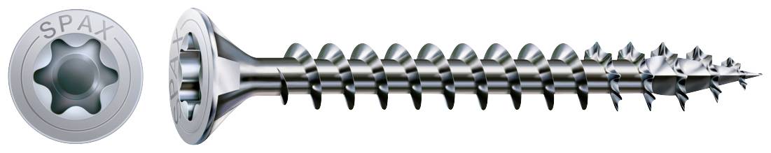 Une vis à tête plate en argent avec une fente pour tournevis cruciforme. La marque 'SPAX' est estampillée sur la tête.