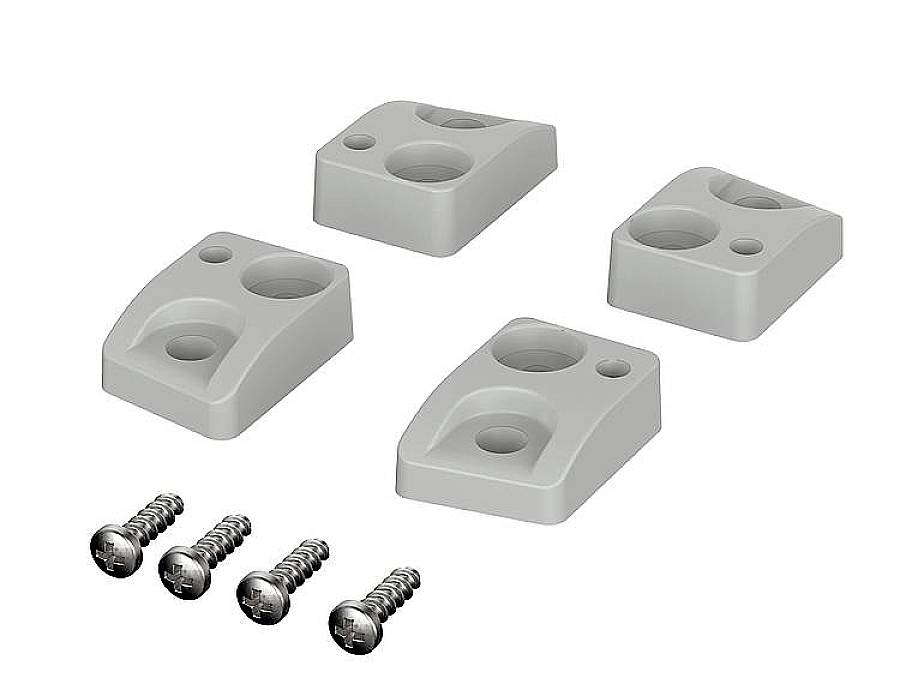 Quatre supports en plastique gris avec leurs vis correspondantes, pour une installation facile d'objets.