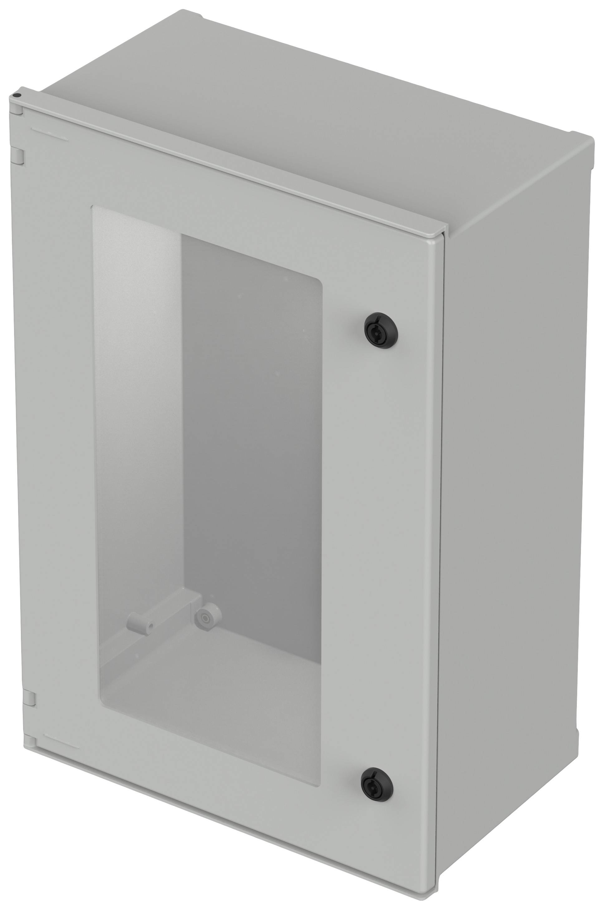 Boîtier métallique avec porte vitrée et deux verrous noirs, adapté à la protection des composants électroniques dans un environnement industriel.