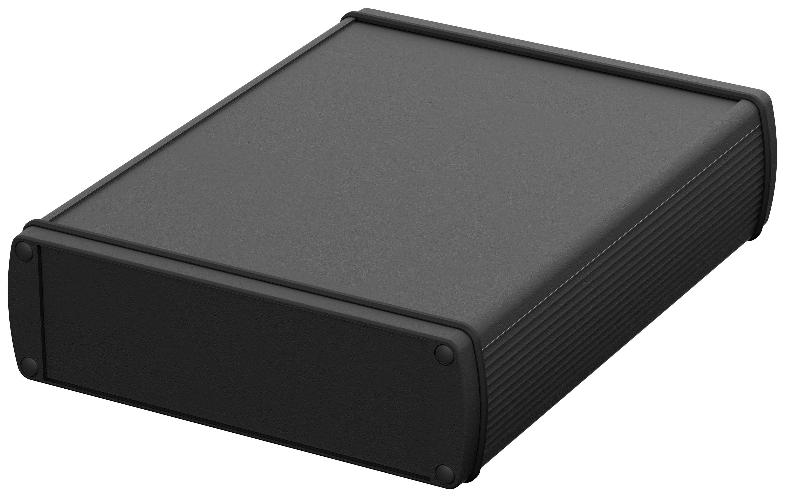 Un boîtier noir rectangulaire aux coins arrondis et à la surface supérieure lisse. Il ressemble à un appareil électronique ou un boîtier.