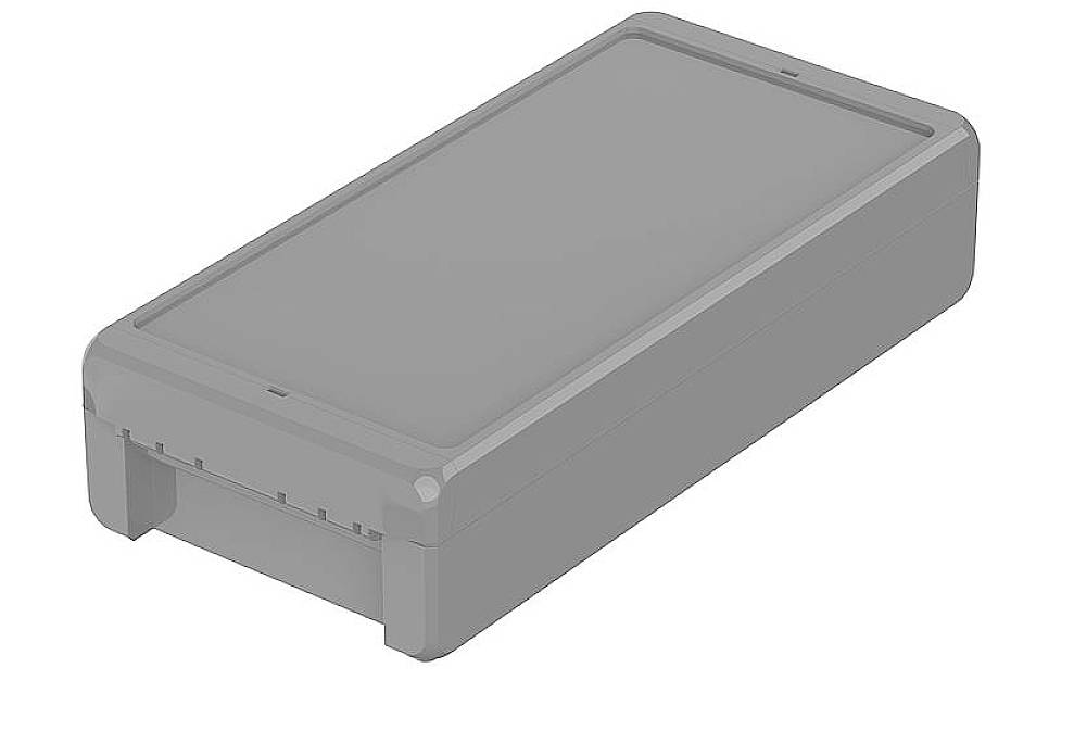 Boîtier rectangulaire gris aux angles arrondis avec un couvercle amovible.