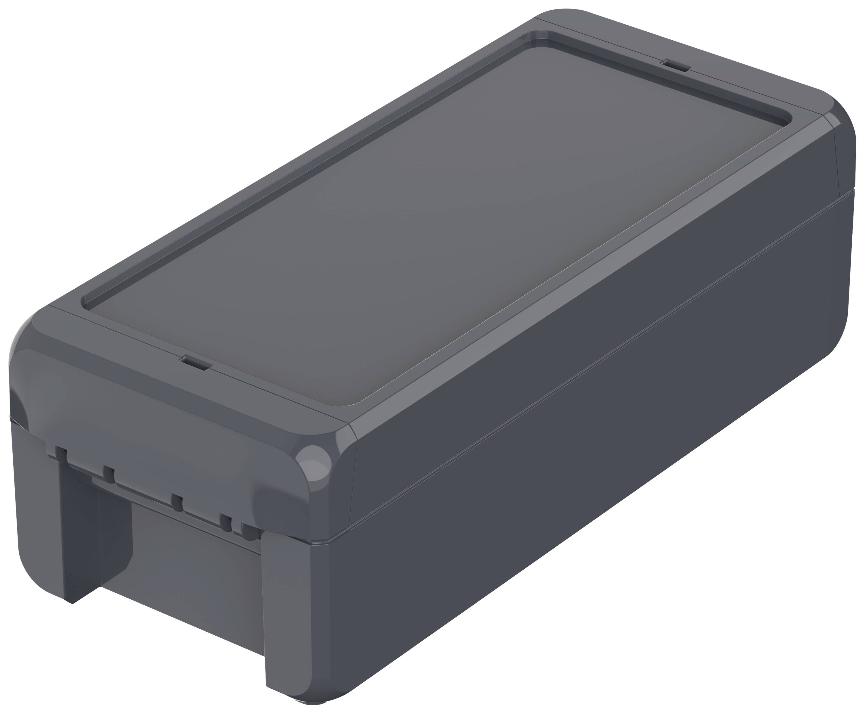 Un boîtier rectangulaire noir en plastique aux bords droits et au couvercle plat. Convient au rangement de dispositifs électroniques.