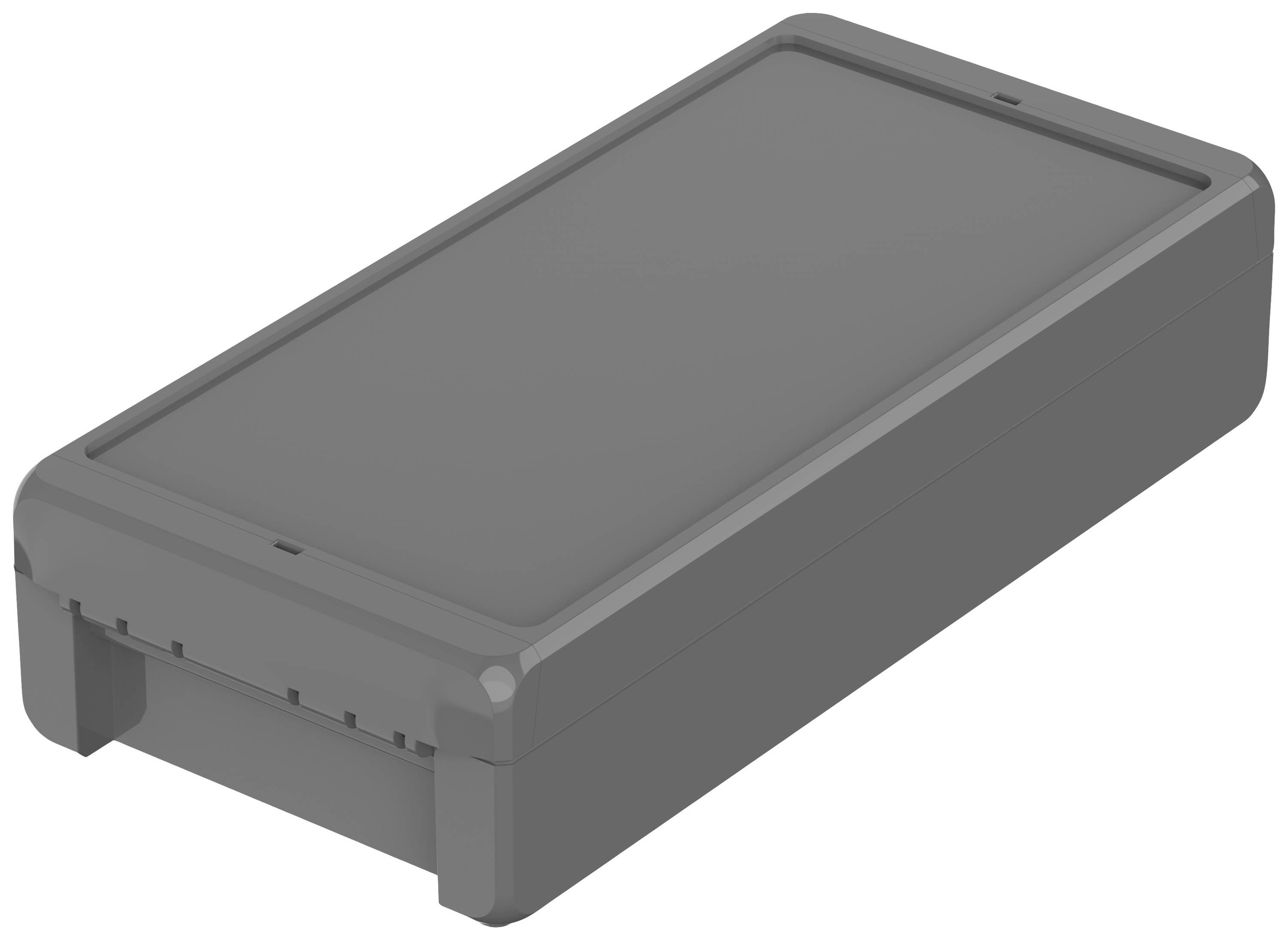 Boîtier rectangulaire de couleur sombre avec un couvercle lisse et des angles arrondis, probablement destiné à protéger des appareils électroniques.