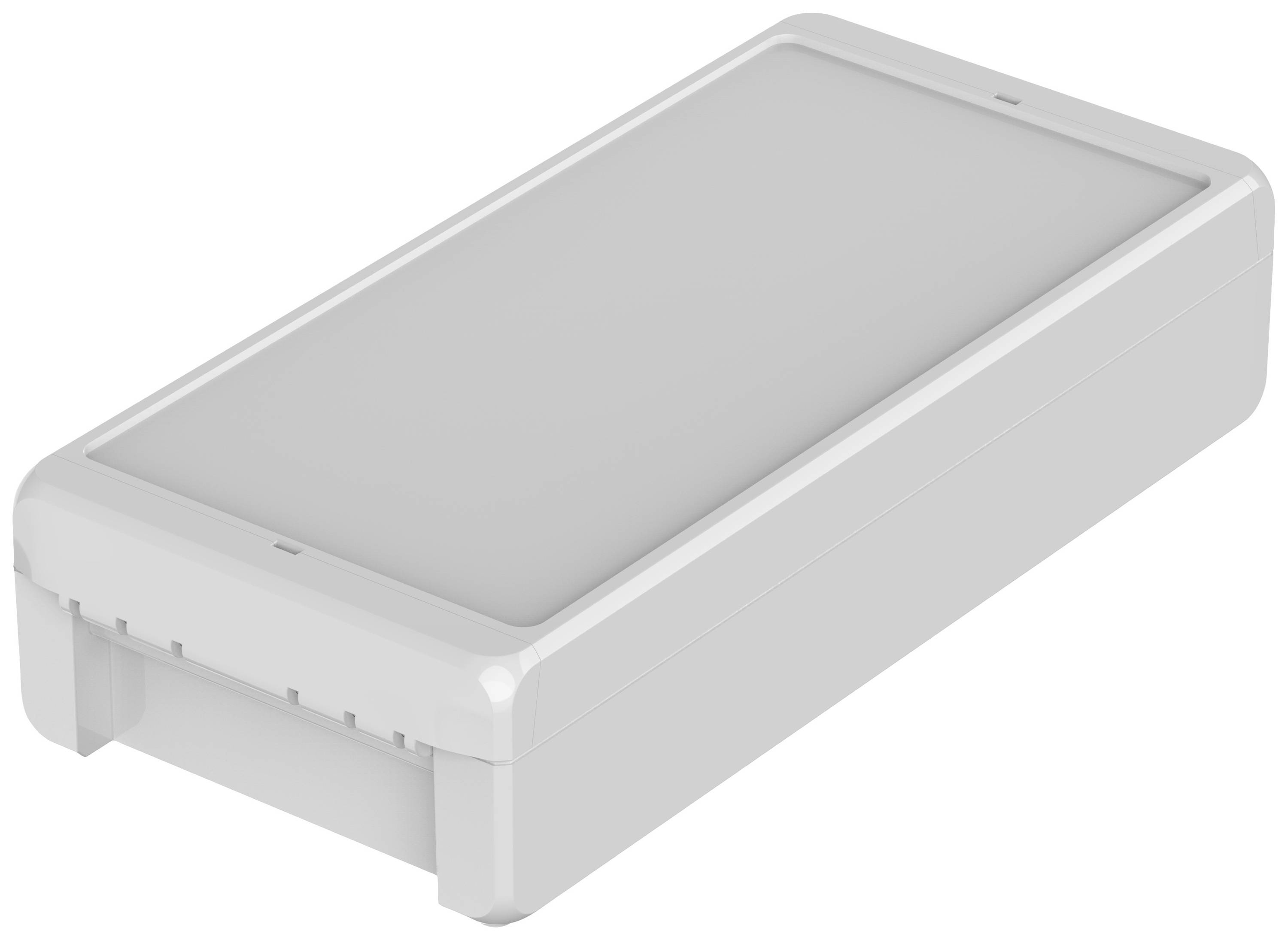 Récipient rectangulaire en plastique blanc aux coins arrondis, muni d'un couvercle amovible.