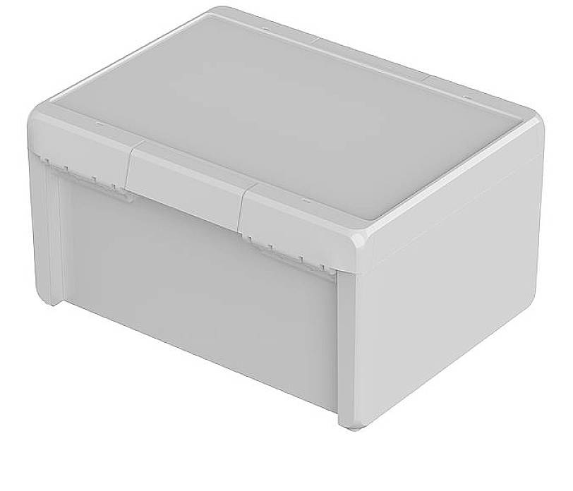 Un récipient rectangulaire en plastique gris avec un couvercle. Adapté au rangement de petits objets.
