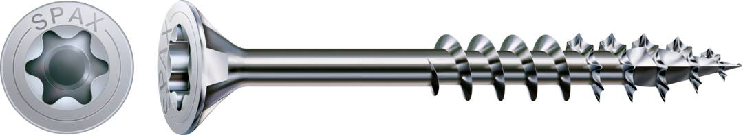 Une vis à tête plate SPAX en argent avec entraînement Torx. Adaptée aux assemblages de bois, reconnaissable à ses filets acérés.