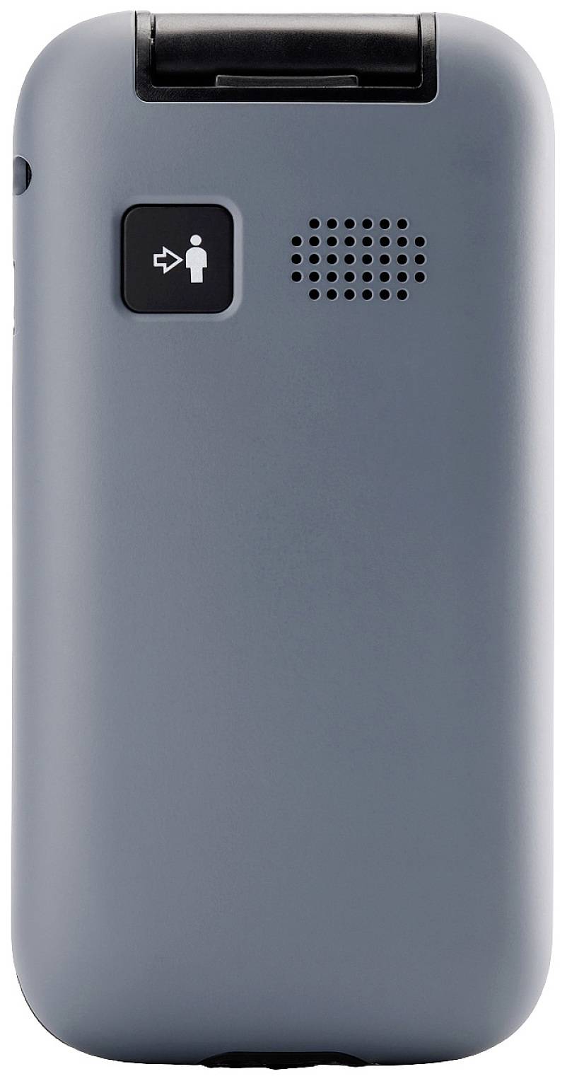 Téléphone portable gris vu de dos, avec haut-parleur et une petite touche avec un symbole de personne en haut à gauche.