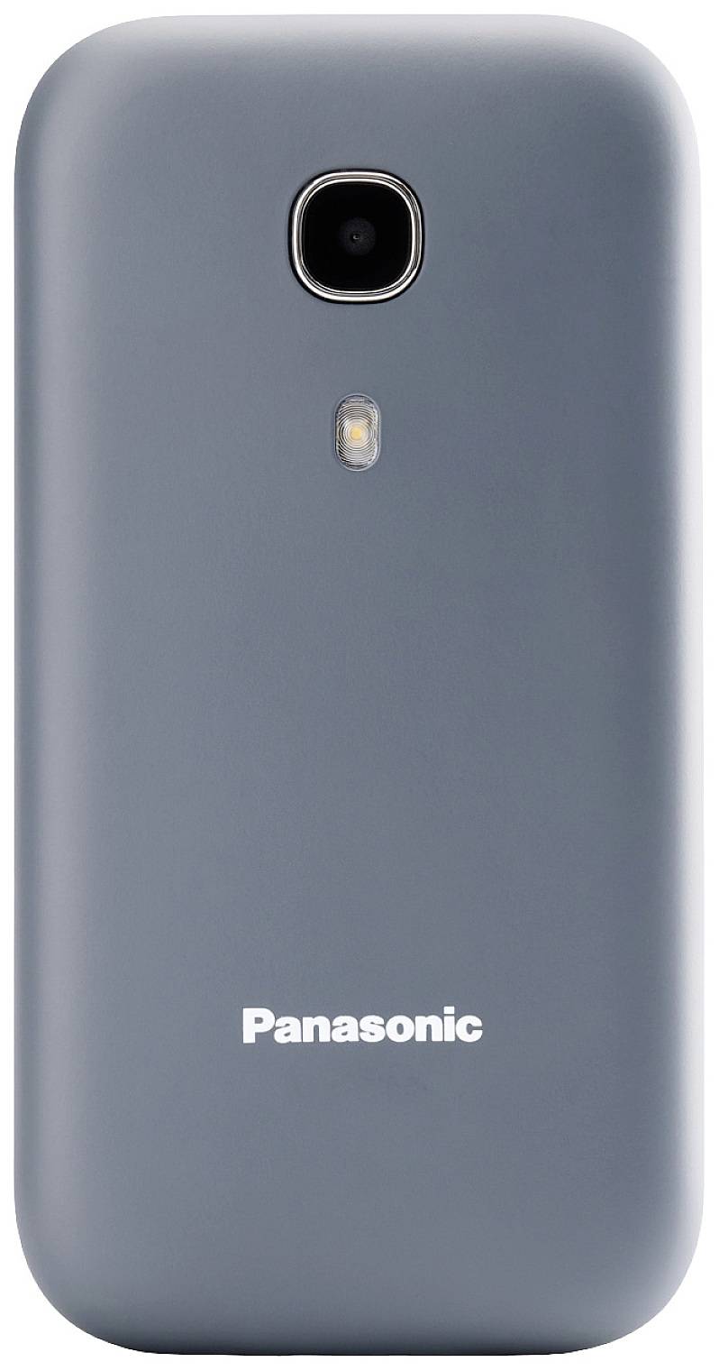 Vue arrière d'un téléphone mobile gris avec une caméra, un flash et l'inscription 'Panasonic' en bas.