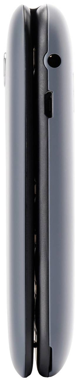 Vue latérale d'un téléphone portable à clapet gris plié, avec un accent noir, l'ouverture du microphone et le port de chargement visibles.