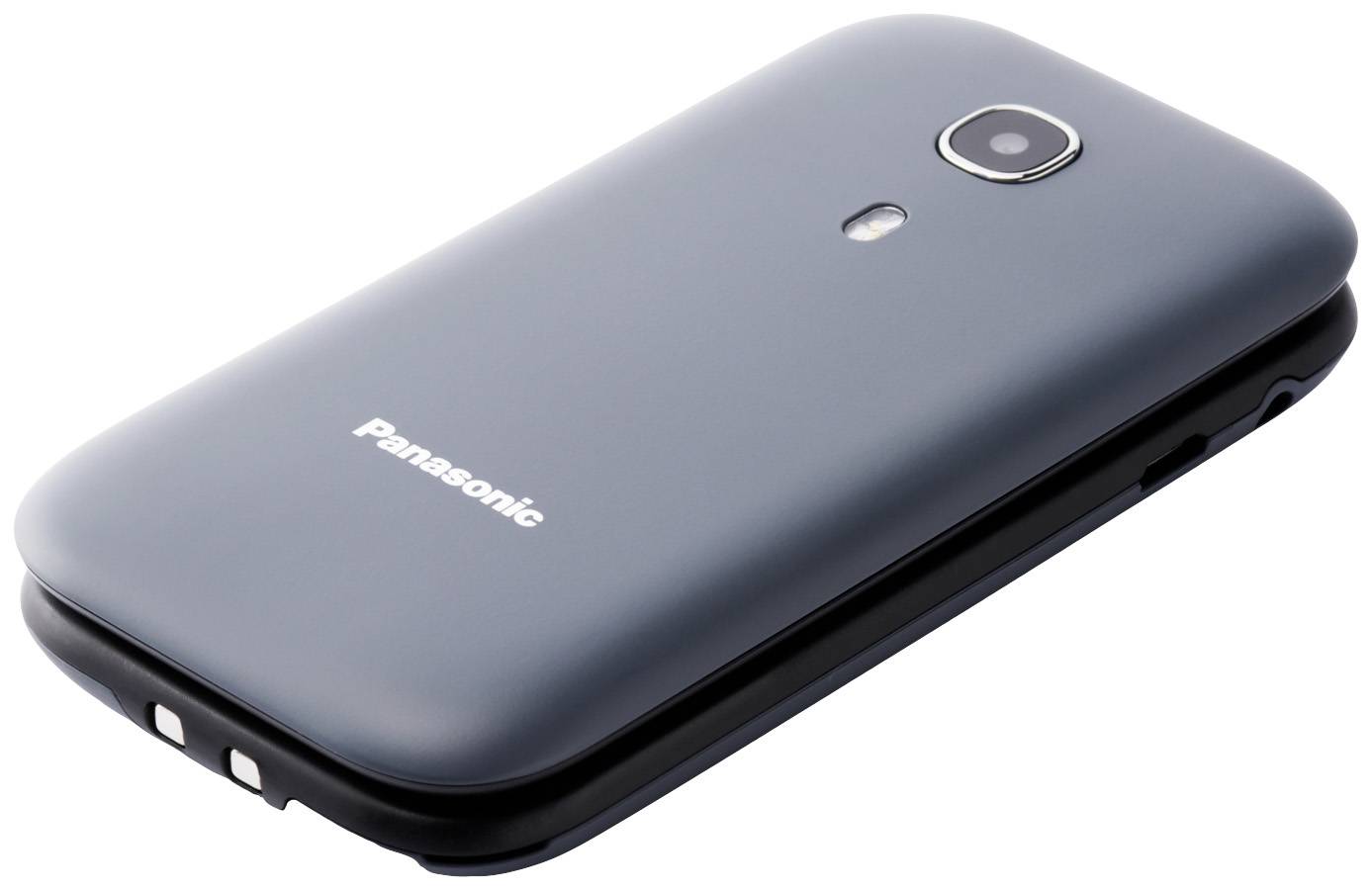 Un téléphone portable à clapet gris fermé, avec le logo 'Panasonic' imprimé au dos, l'objectif de l'appareil photo et le flash visibles.