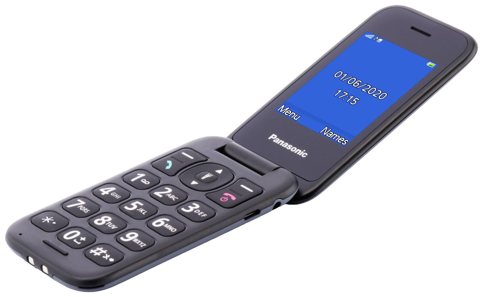 Téléphone portable à clapet avec touches larges et écran bleu. L'affichage indique '01/06/2020' et '17:15'. Nom de la marque en bas.