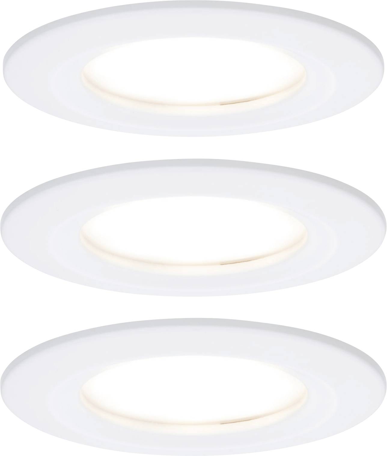 Trois spots encastrables LED blancs ronds alignés verticalement. Les luminaires sont allumés et émettent une lumière chaude.