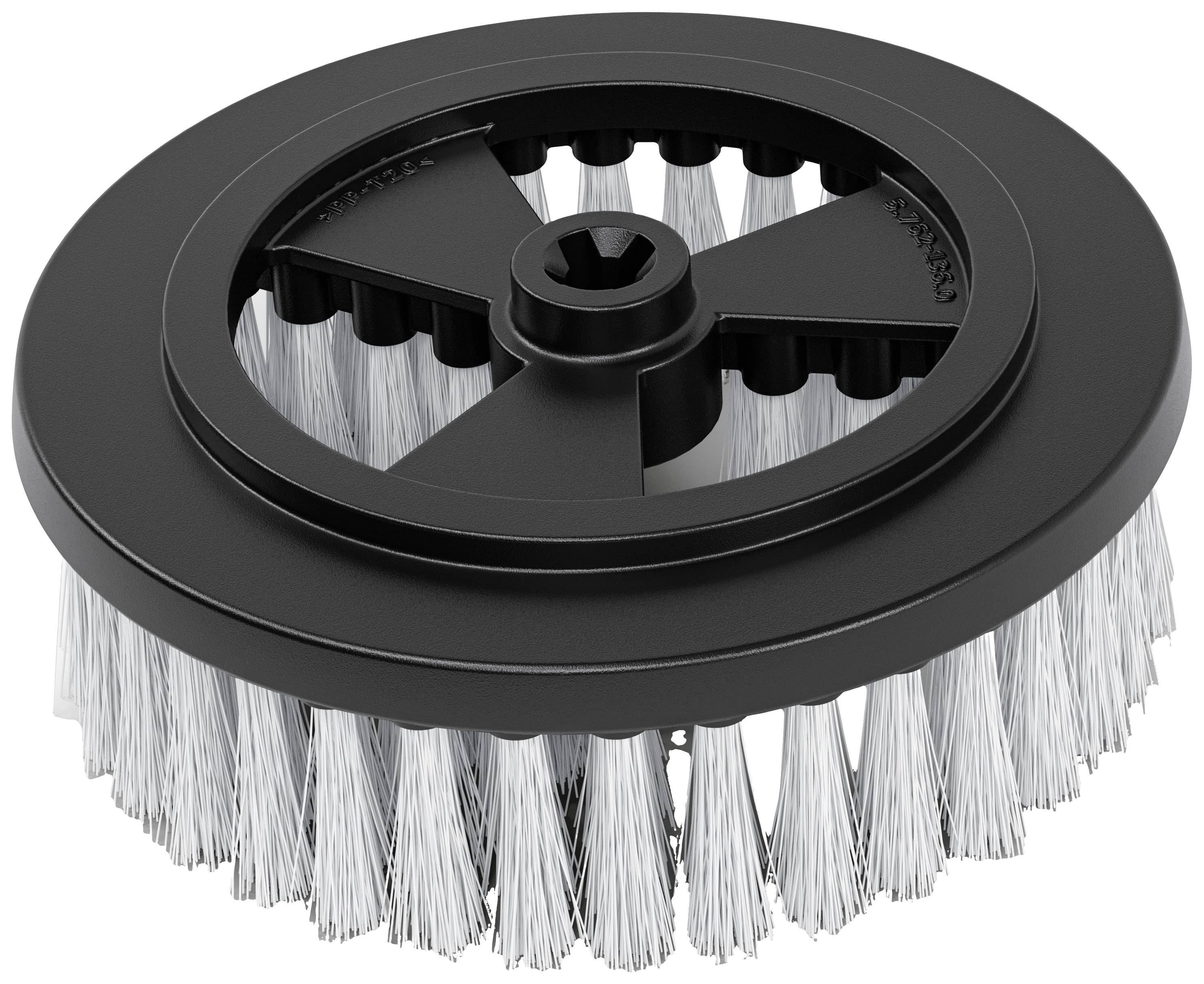 Un brosse noir rond avec des poils blancs, adaptée aux machines de nettoyage, est présenté sous un angle latéral.