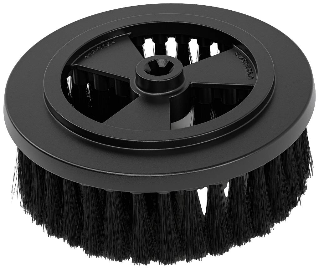 Brosse ronde noire à poils rigides, adaptée aux travaux de nettoyage et à l'entretien des surfaces, avec un trou de fixation central.