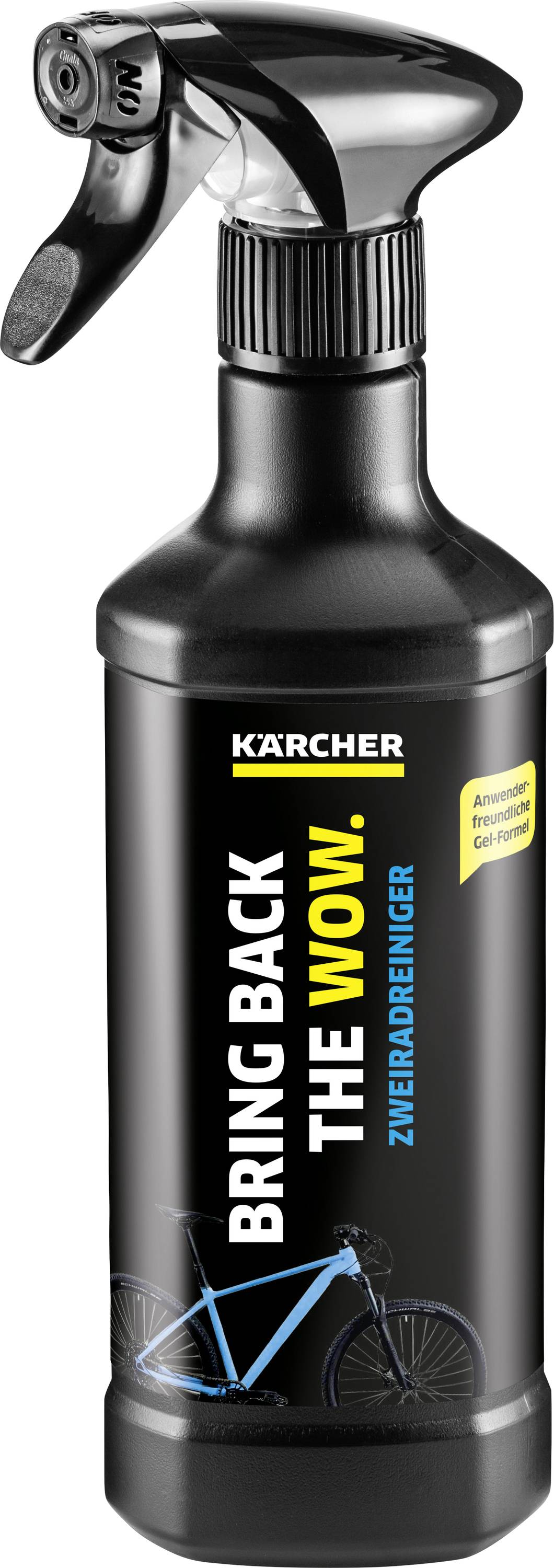 Bouteille de pulvérisation avec nettoyant Kärcher 'Car & Bike' pour deux-roues. Étiquette blanche avec image de deux vélos, texte : « Pour application manuelle ».