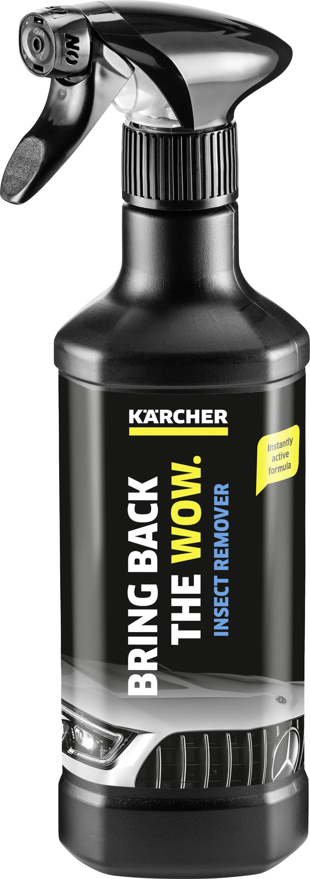 Pulvérisateur anti-insectes Kärcher avec étiquette noire portant l'inscription : 'BRING BACK THE WOW.' Calandre de Mercedes représentée.