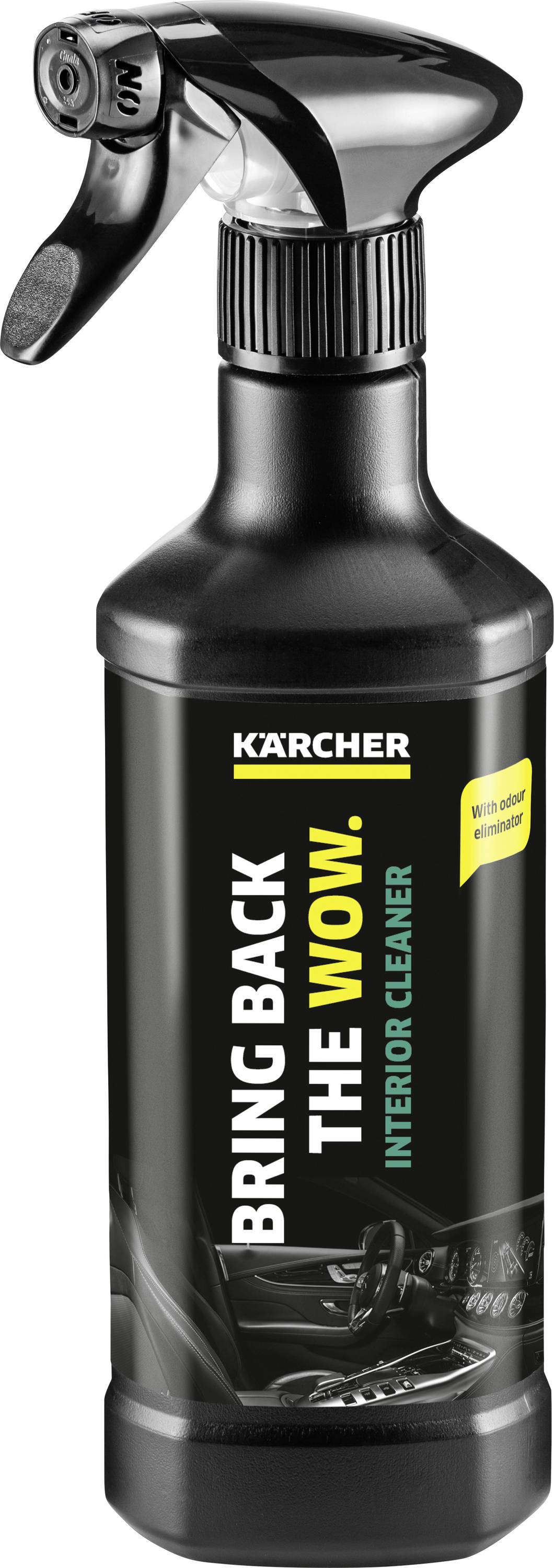 Bouteille de pulvérisation noire portant l'inscription 'BRING BACK THE WOW. INTERIOR CLEANER' de Kärcher, contenant un nettoyant pour intérieur.