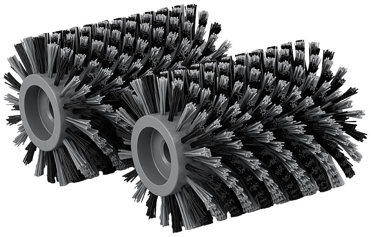 Deux brosses rotatives avec des poils en plastique, disposées horizontalement et parallèlement, principalement de couleur noire et grise.