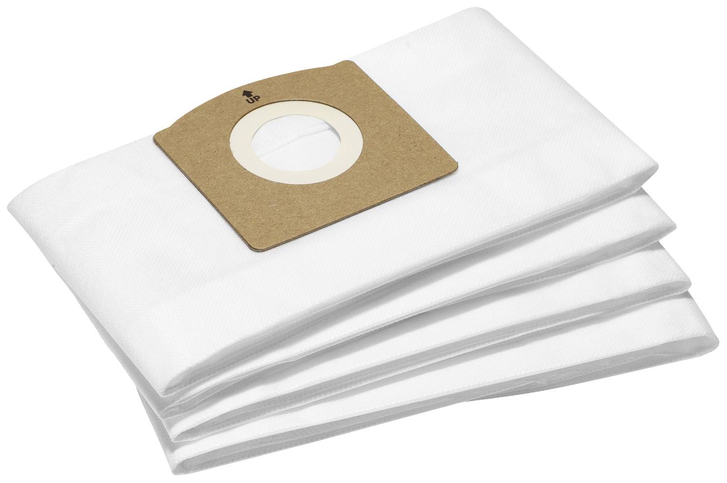 Quatre sacs d'aspirateur blancs, empilés, avec un morceau de carton brun et une ouverture ronde en haut.