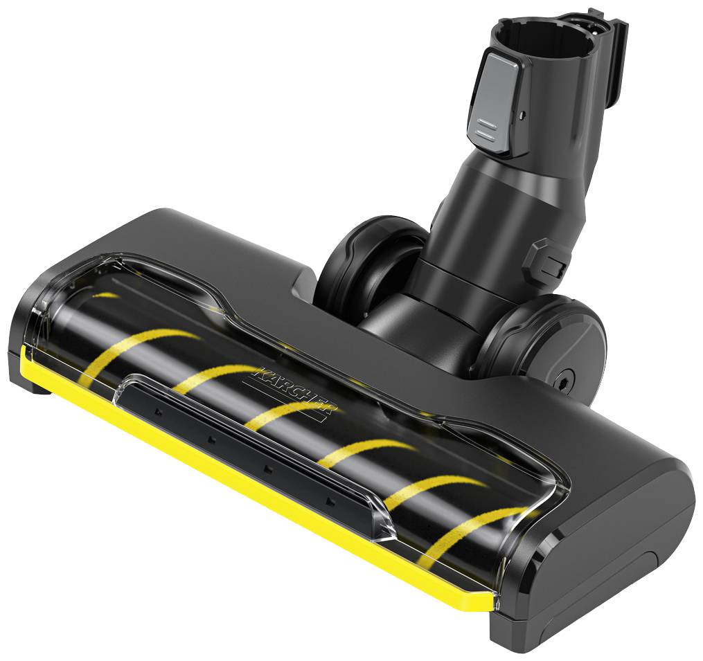Brosse pour parquet et tapis en noir et jaune, avec élément de brossage rotatif, adaptée aux aspirateurs.